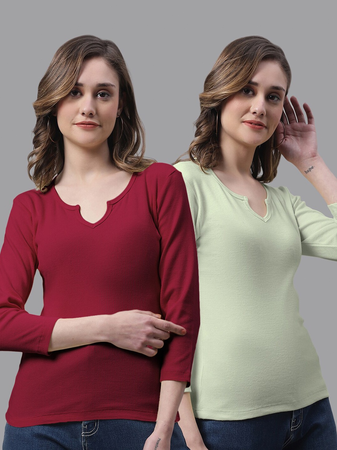 

FBAR Pack Of 2 Round Neck Ribbed Pure Cotton Top, Maroon