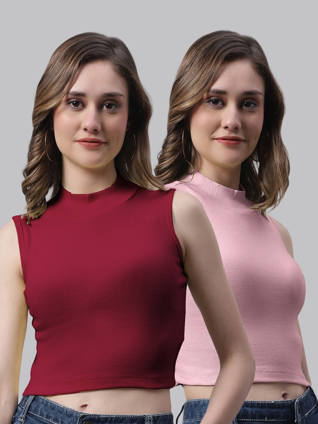 

FBAR Pack Of 2 High Neck Ribbed Fitted Pure Cotton Crop Top, Maroon