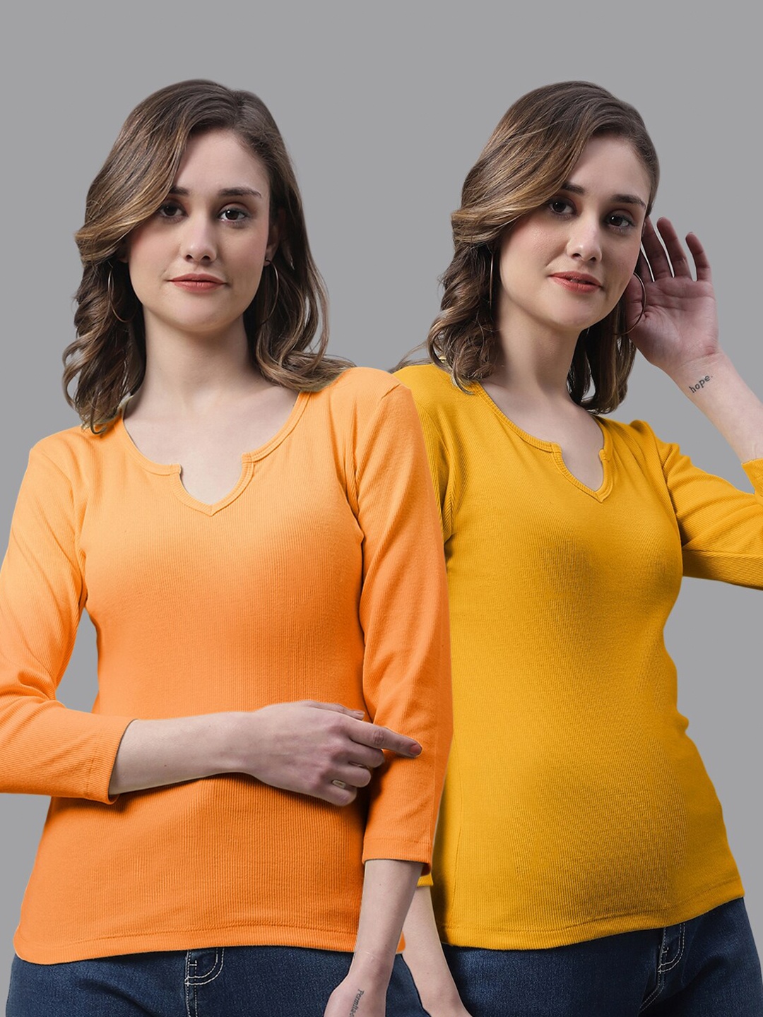 

FBAR Pack Of 2 Bio Washed Ribbed Cotton Tops, Orange