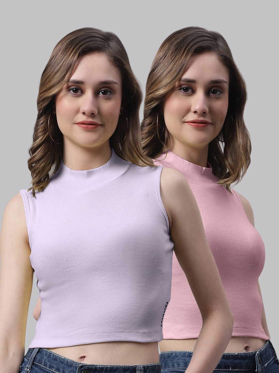 

FBAR Pack Of 2 High Neck Skin Friendly Bio-Wash Pure Cotton Fitted Crop Tops, Purple