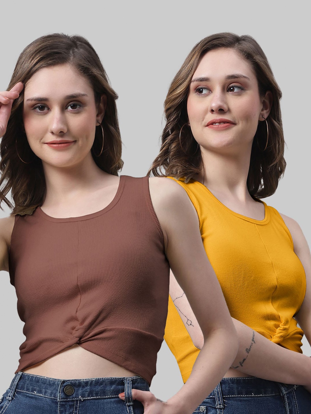 

FBAR Pack Of 2 Cotton Fitted Crop Top, Brown