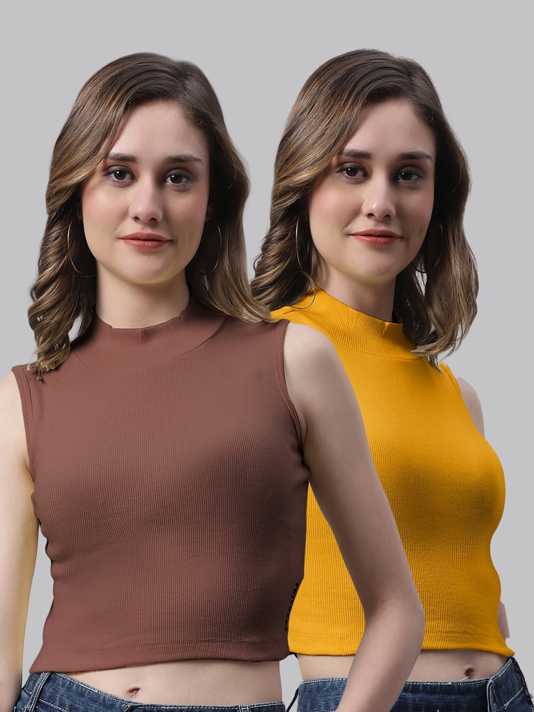 

FBAR Pack Of 2 High Neck Cotton Crop Top, Brown