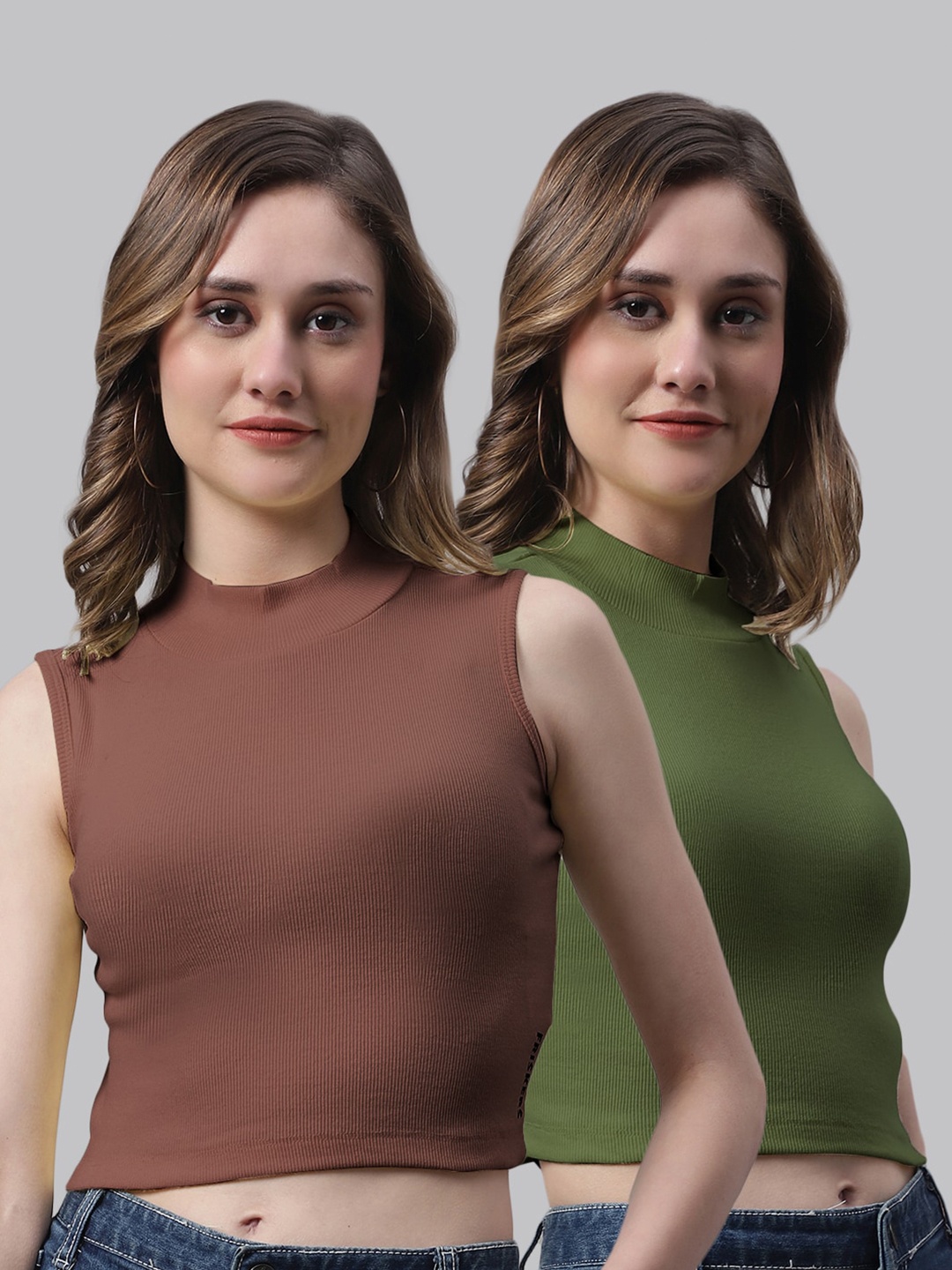 

FBAR Pack Of 2 Bio Washed Ribbed Cotton Crop Tops, Brown