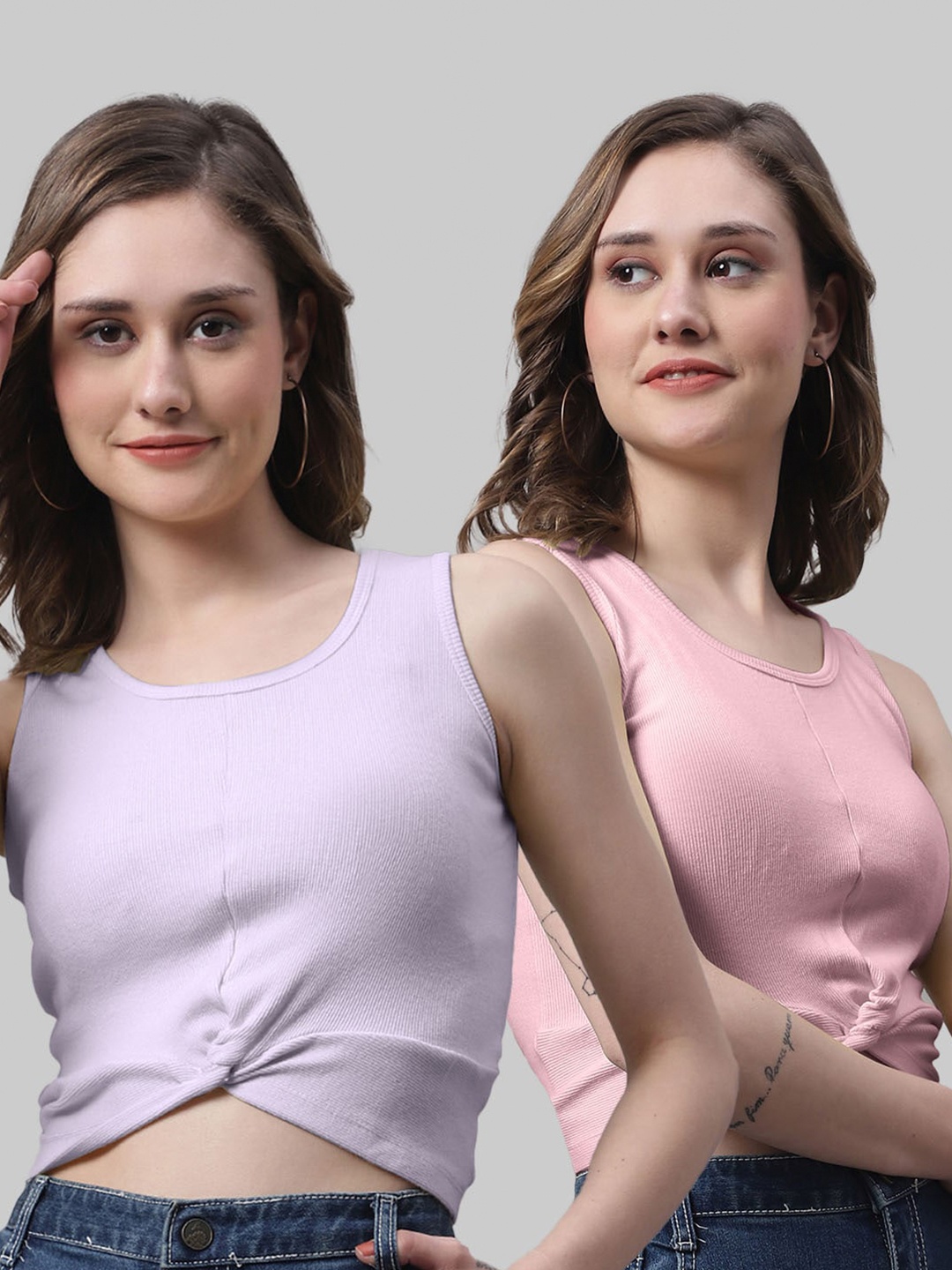 

FBAR Pack Of 2 Twisted Skin Friendly Ribbed Fitted Pure Cotton Crop Top, Purple
