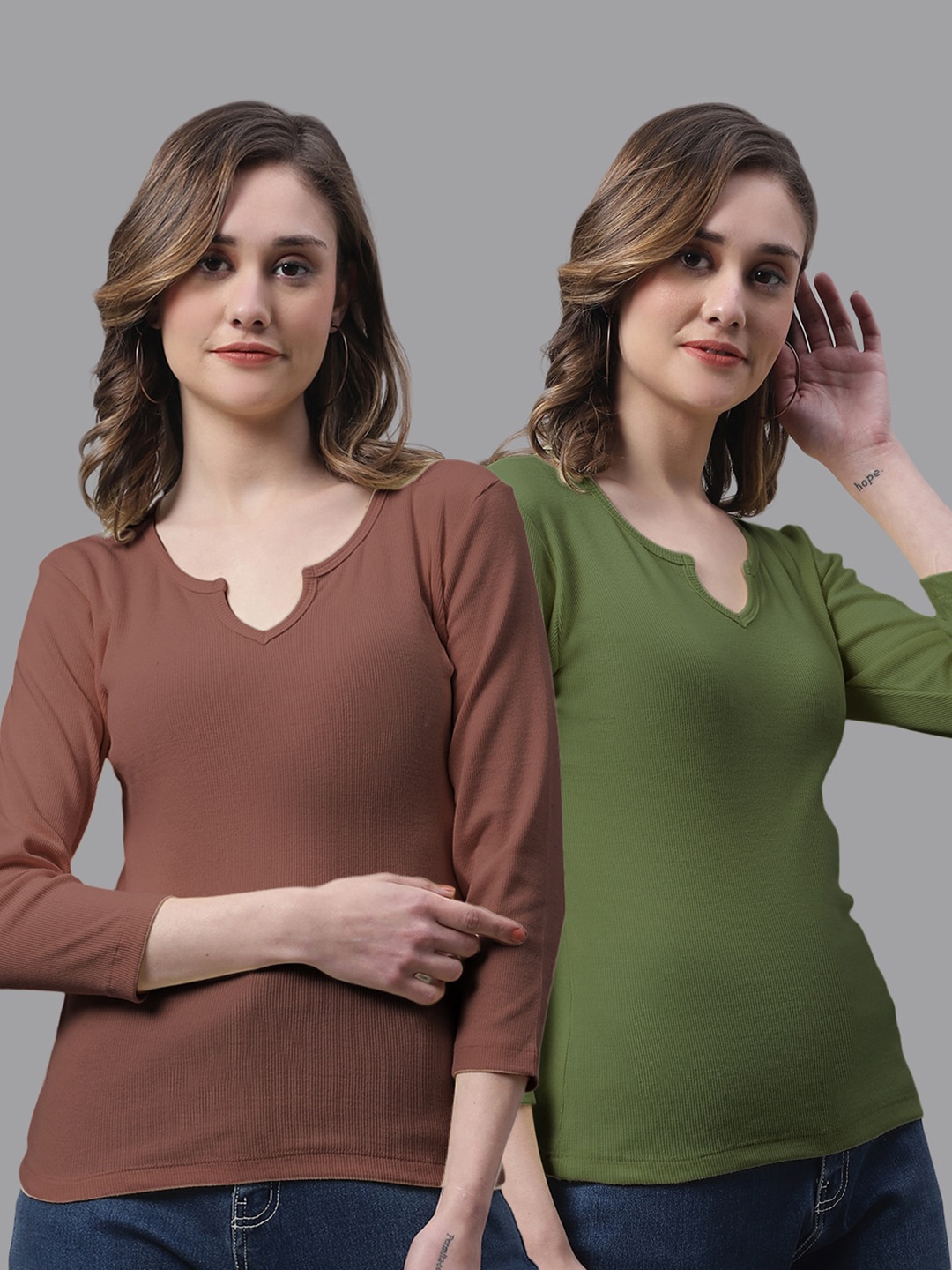 

FBAR Pack of 2 Ribbed Cotton Tops, Brown