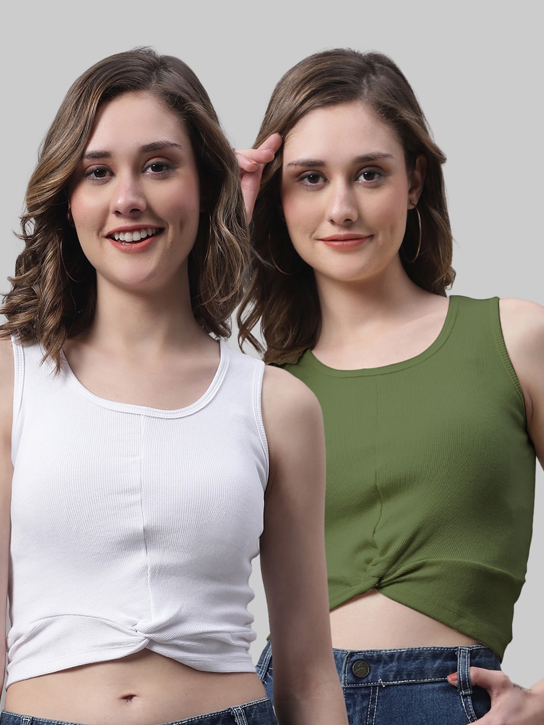 

FBAR Pack Of 2 Twisted Skin Friendly Ribbed Fitted Pure Cotton Crop Top, White