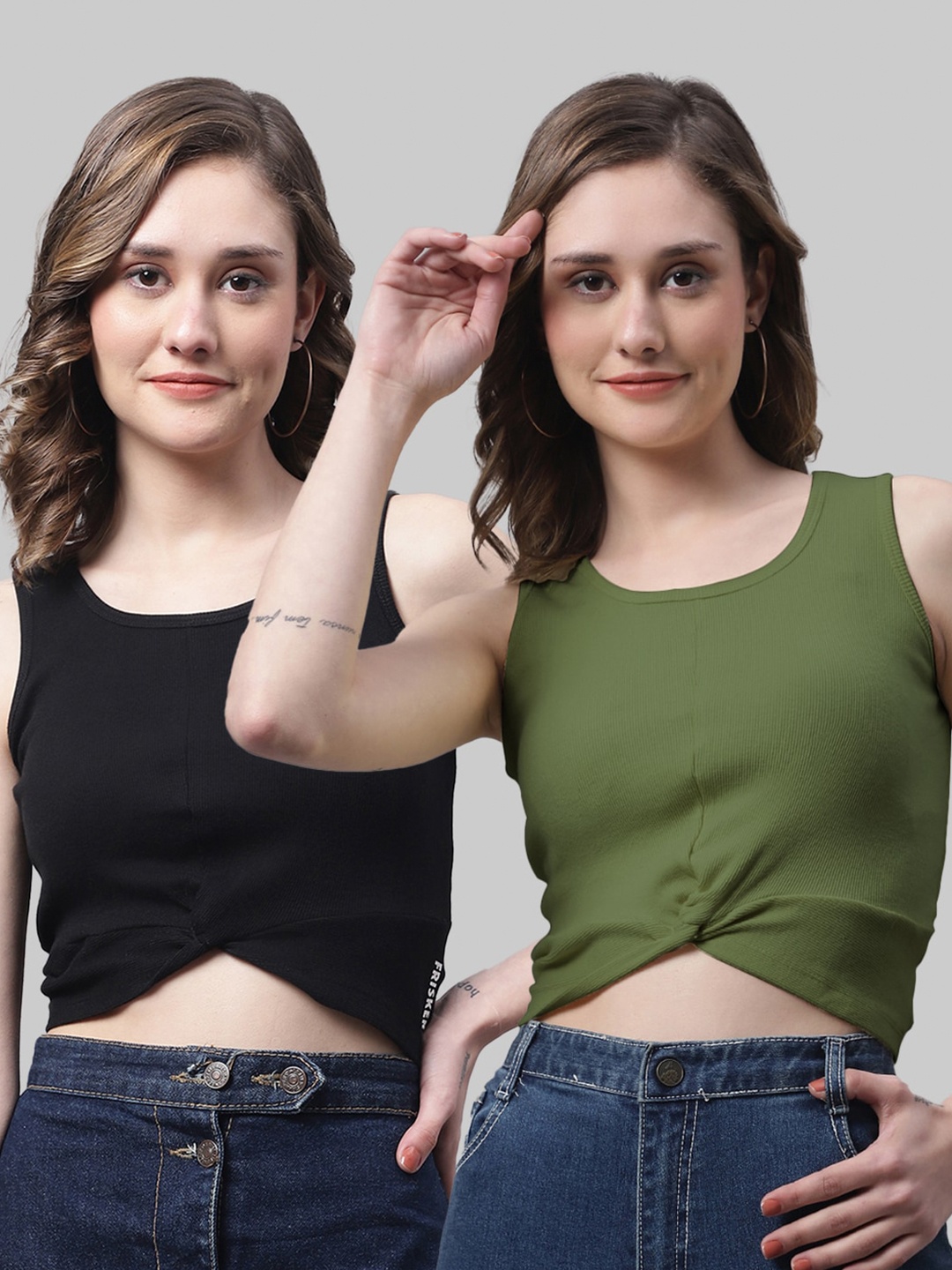 

FBAR Pack Of 2 Round Neck Skin Friendly Bio-Wash Pure Cotton Fitted Crop Tops, Black