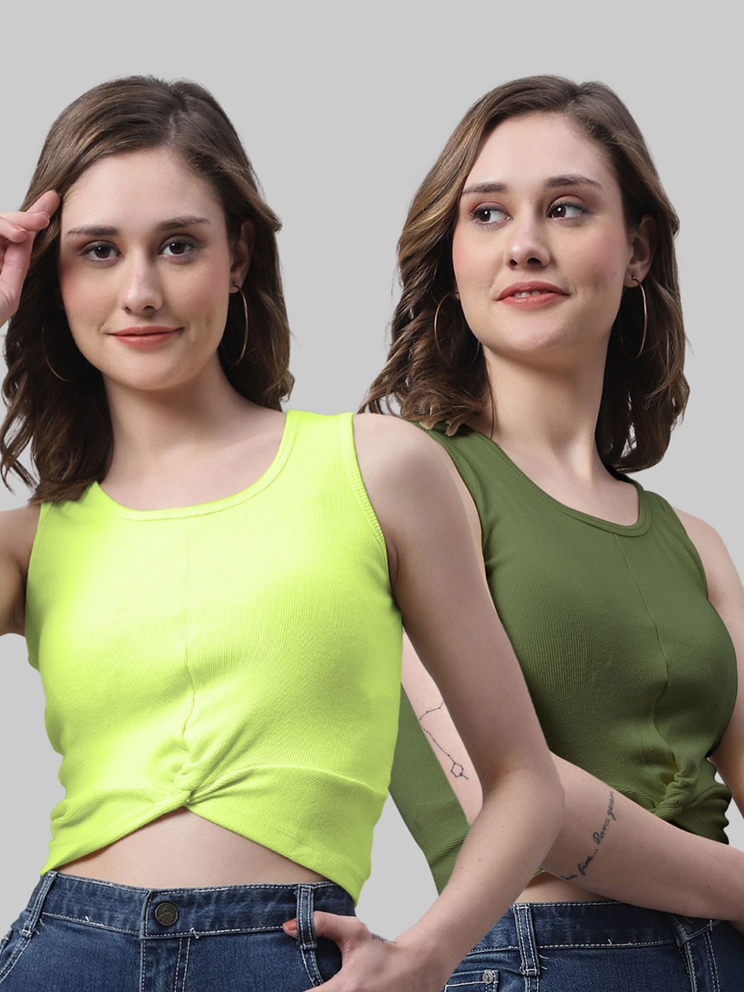 

FBAR Pack of 2 Ribbed Twisted Cotton Crop Tops, Green