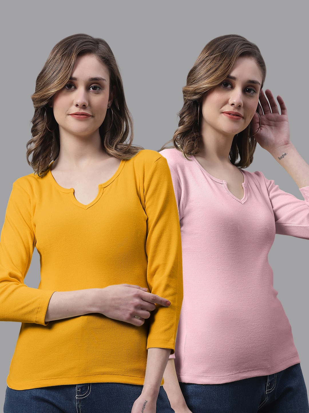 

FBAR Pack Of 2 Notched Neck Cotton Rib Tops, Mustard