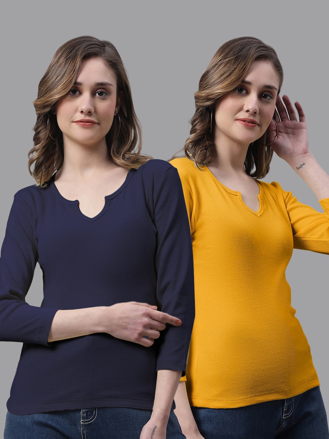 

FBAR Pack Of 2 Notched Neck Cotton Rib Tops, Navy blue