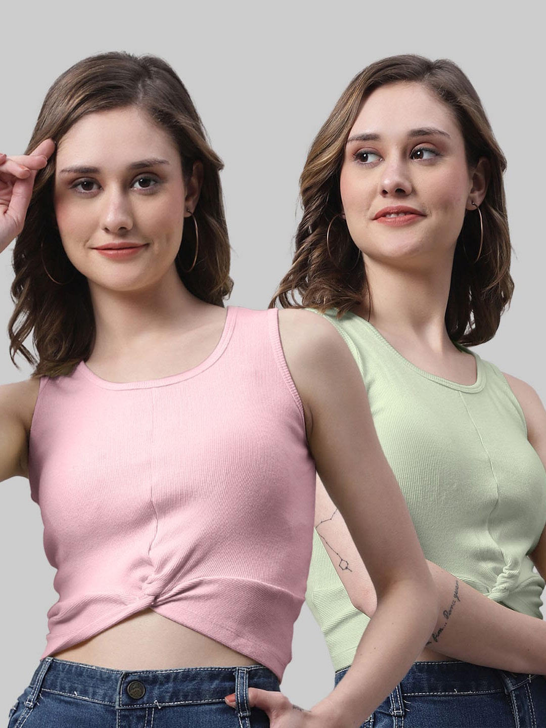 

FBAR Pack Of 2 Round Neck Twisted Detail Cotton Rib Crop Tops, Pink