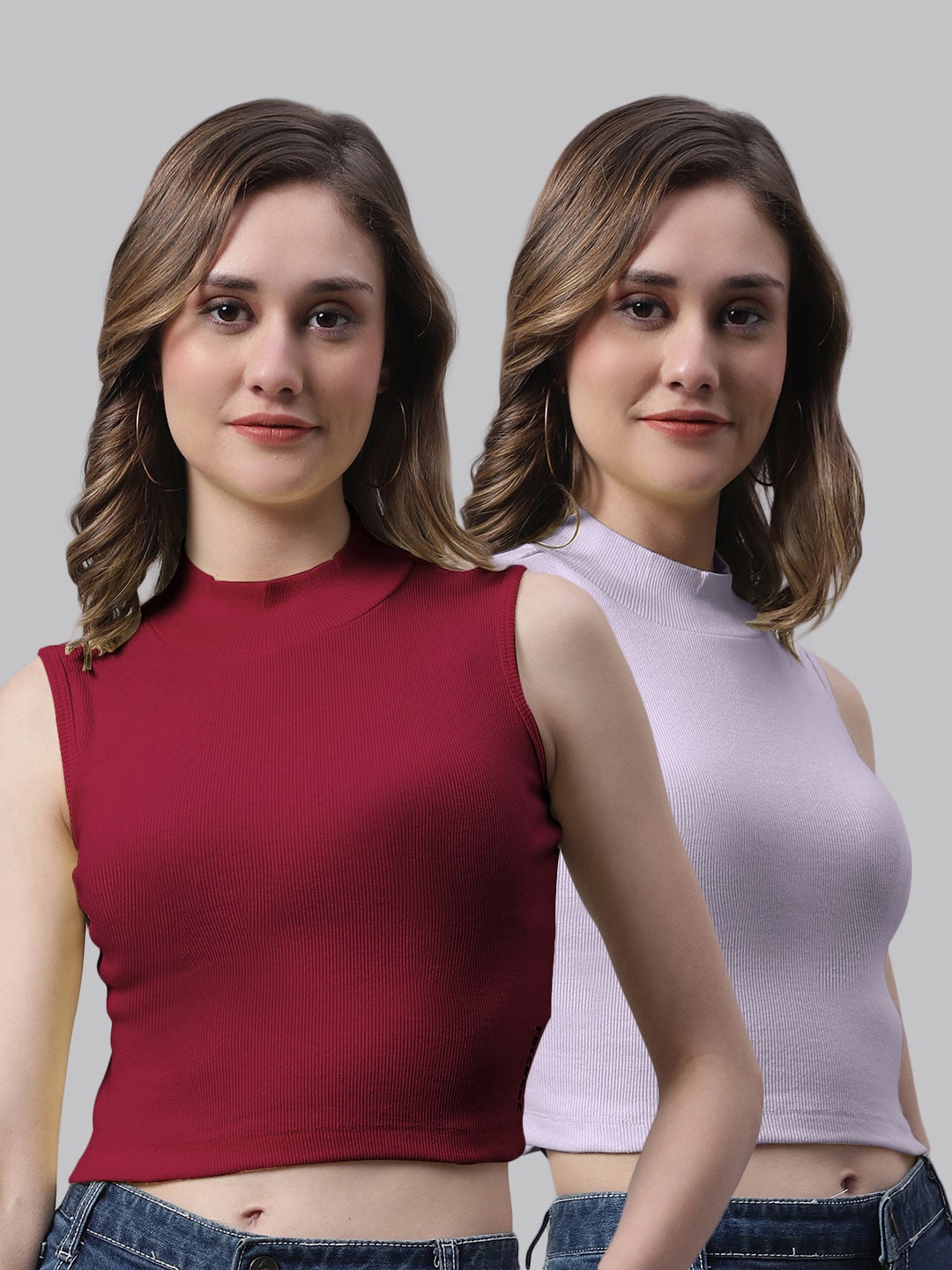 

FBAR Pack Of 2 High Neck Sleeveless Fitted Cotton Crop Top, Maroon