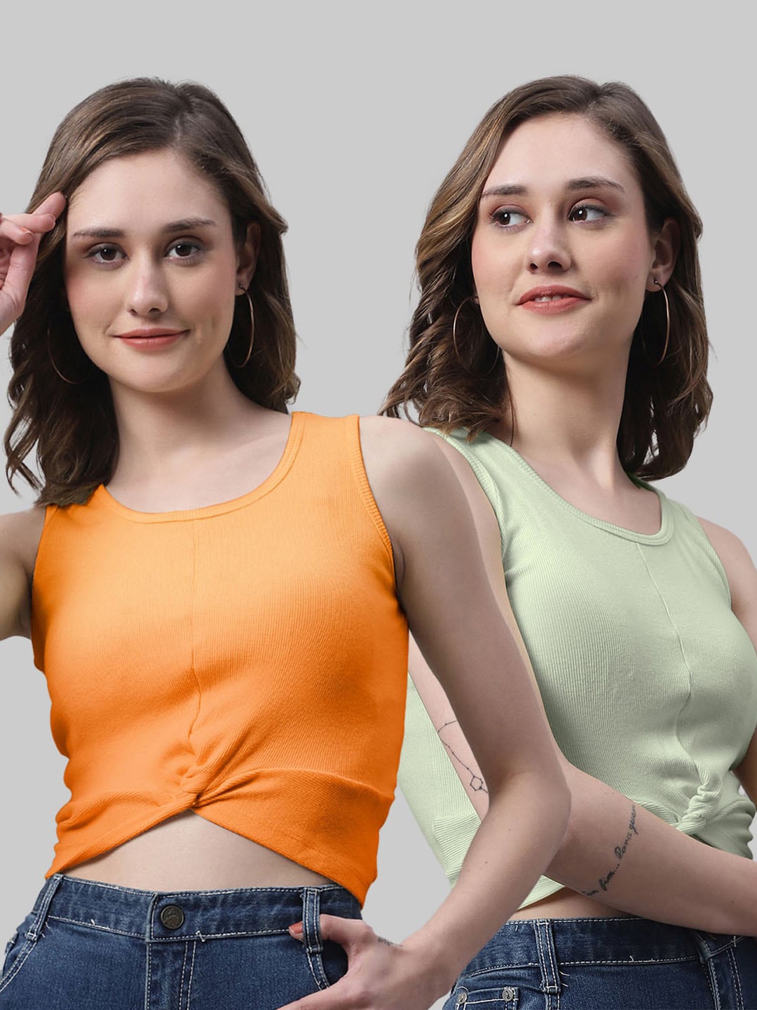 

FBAR Pack Of 2 Twisted Bio Wash Skin Friendly Cotton Tank Crop Top, Orange