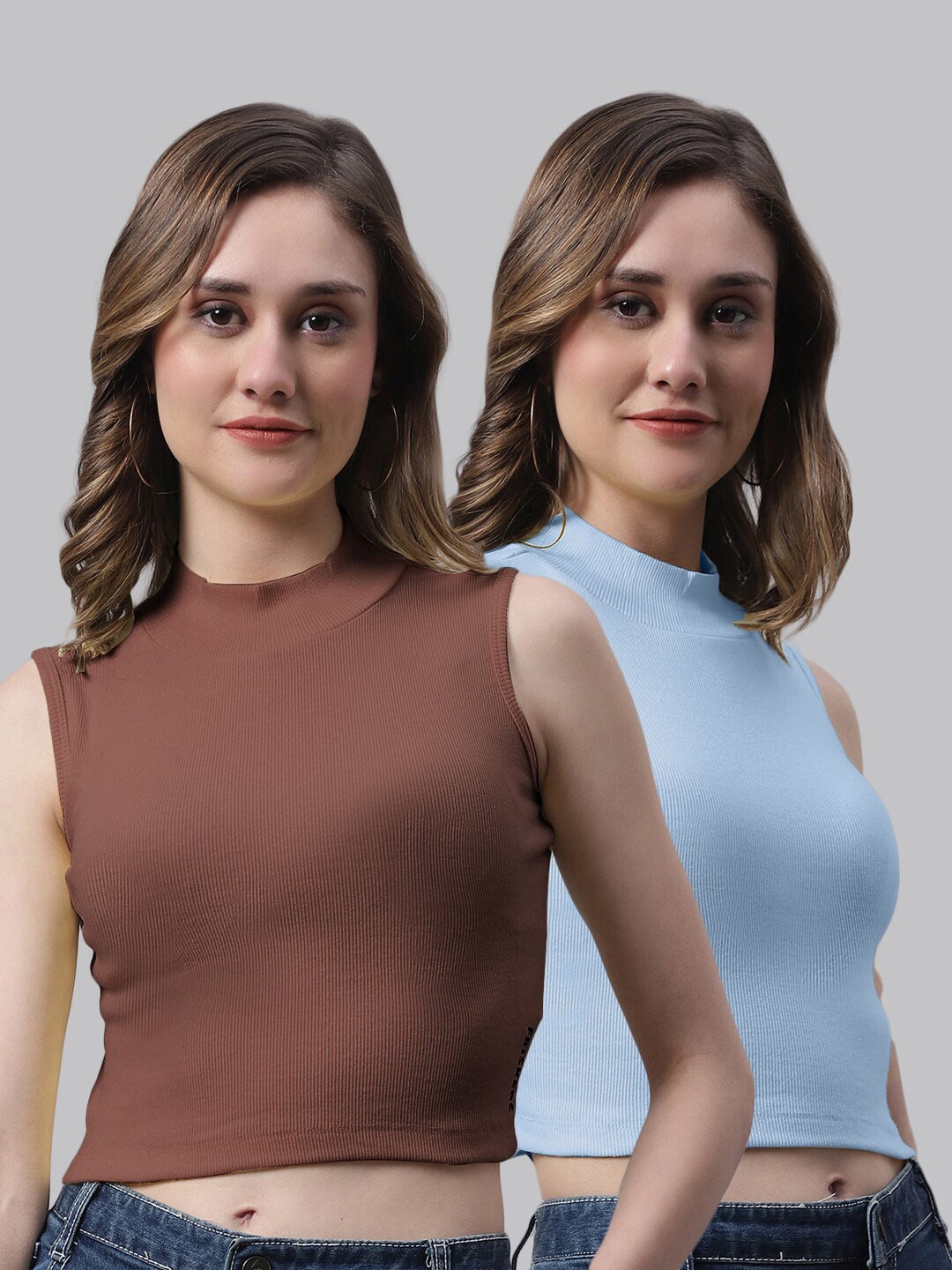 

FBAR Pack Of 2 High Neck Cotton Fitted Tops, Brown