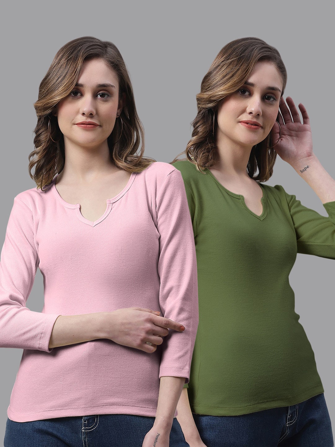 FBAR Pack Of 2 Round Neck Skin Friendly Bio-Wash Pure Cotton Fitted Tops, Pink