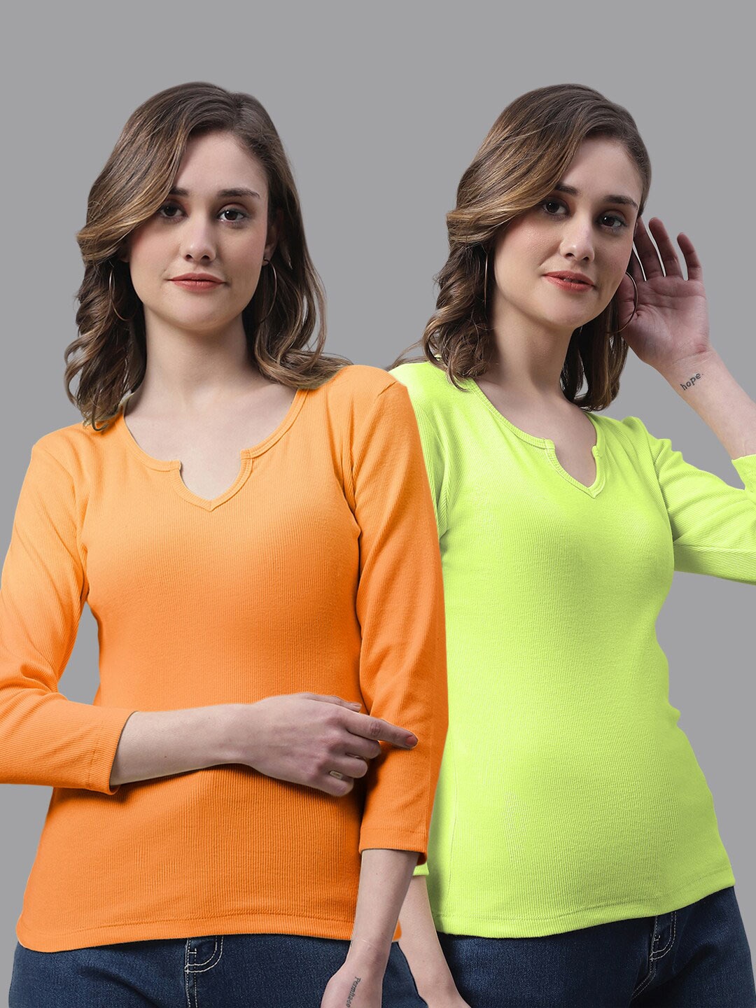 

FBAR Pack Of 2 Notched Neck Cotton Rib Tops, Orange
