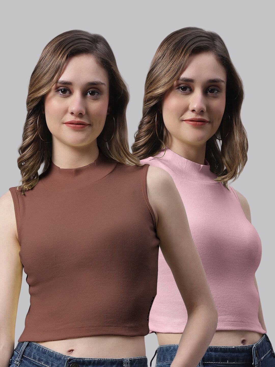 

FBAR Pack Of 2 High Neck Crop Cotton Rib Fitted Top, Brown