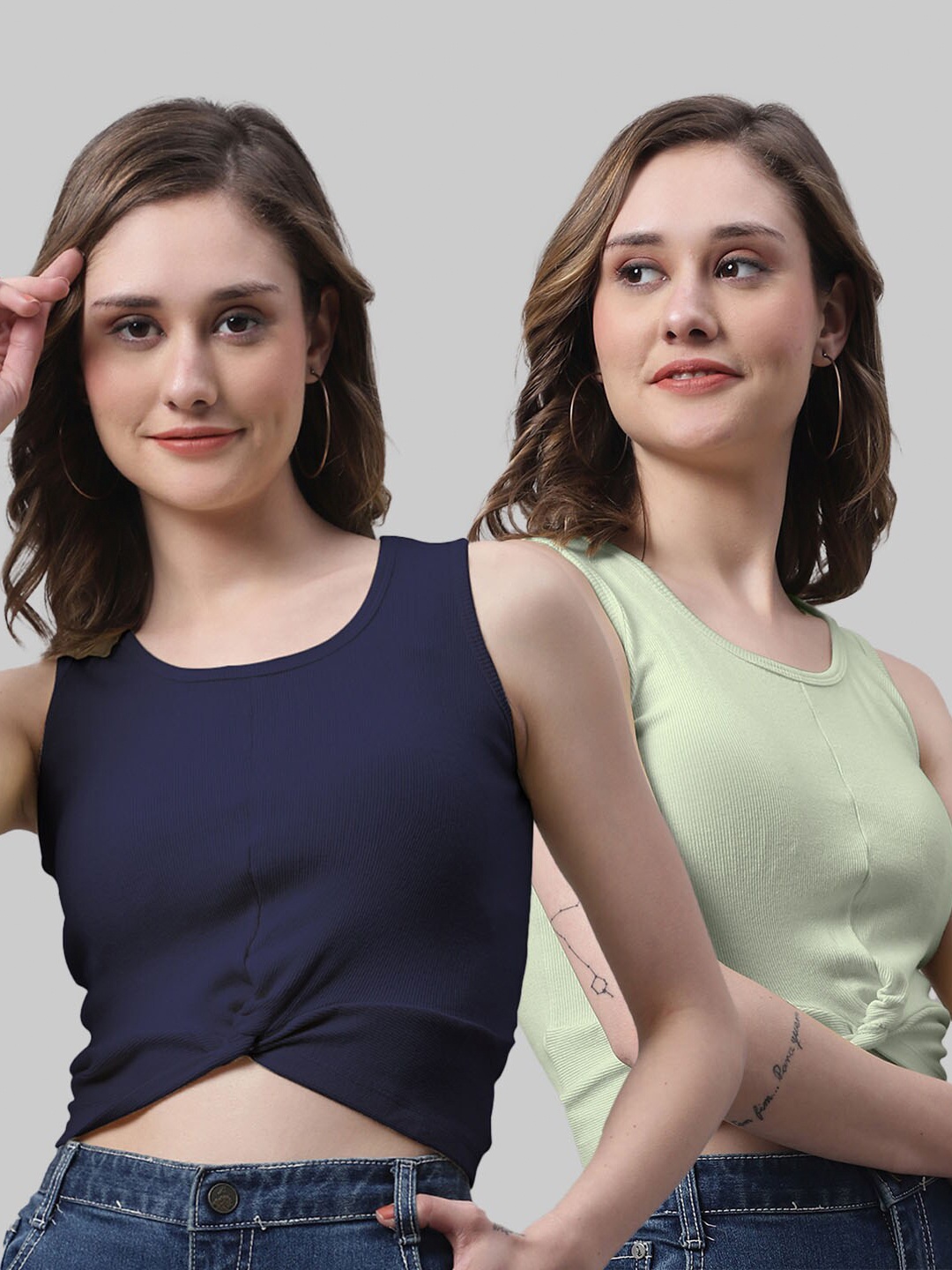 

FBAR Pack Of 2 Bio Wash Skin Friendly Sleeveless Twisted Cotton Crop Fitted Top, Navy blue