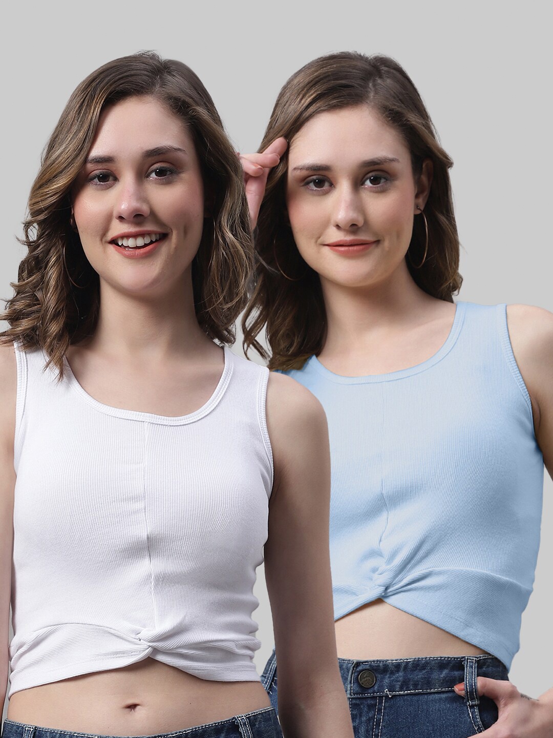 

FBAR Pack Of 2 Bio Wash Skin Friendly Sleeveless Twisted Cotton Crop Fitted Top, White