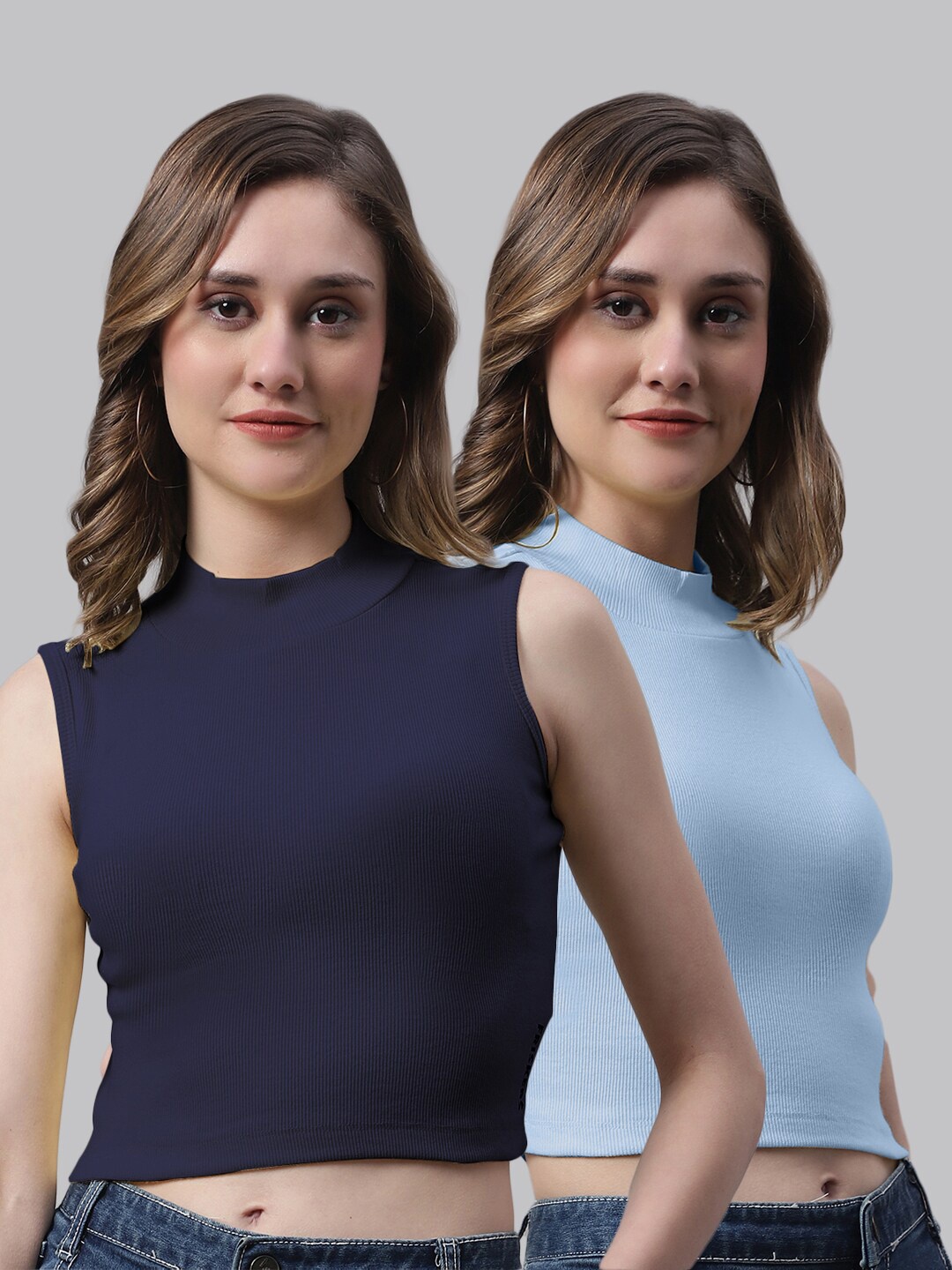 

FBAR Pack Of 2 High Neck Cotton Fitted Tops, Navy blue