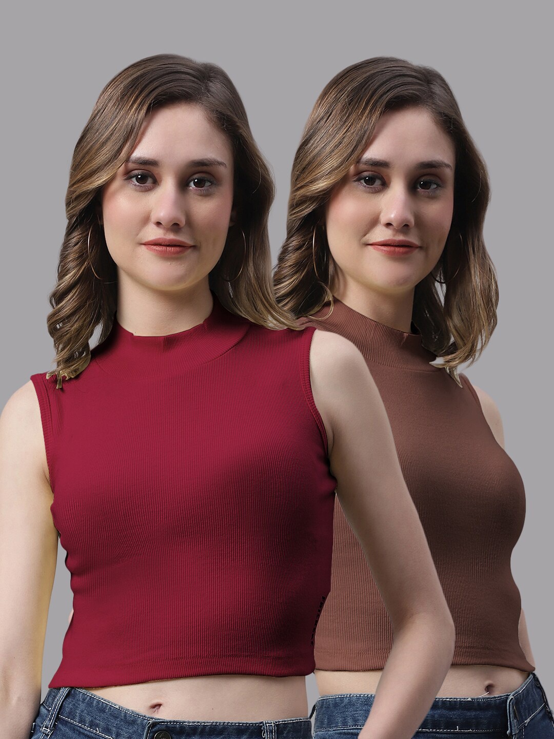 

FBAR Pack Of 2 Bio Wash Skin Friendly High Neck Sleeveless Cotton Fitted Crop Top, Maroon