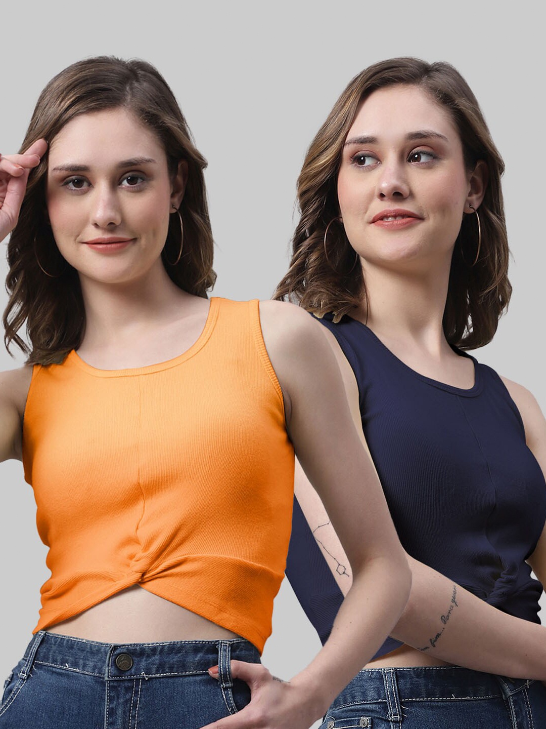 

FBAR Pack Of 2 Twisted Bio Wash Skin Friendly Cotton Tank Crop Top, Orange