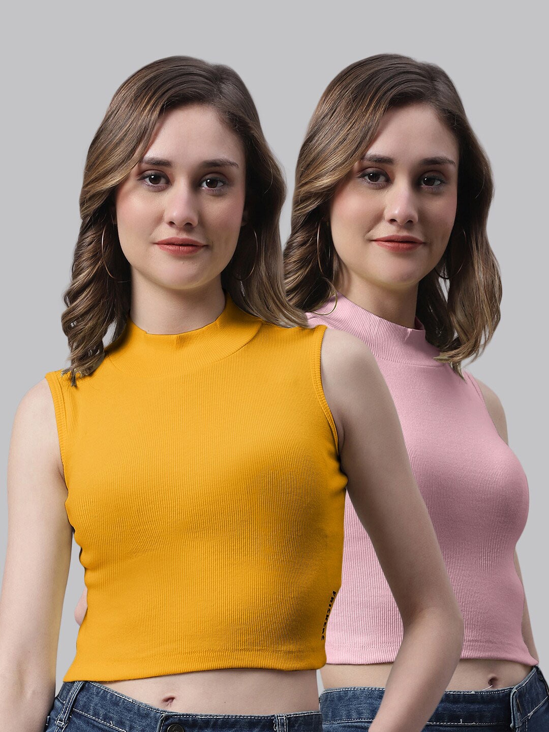 

FBAR Pack Of 2 Bio Wash Skin Friendly High Neck Sleeveless Cotton Fitted Crop Top, Mustard