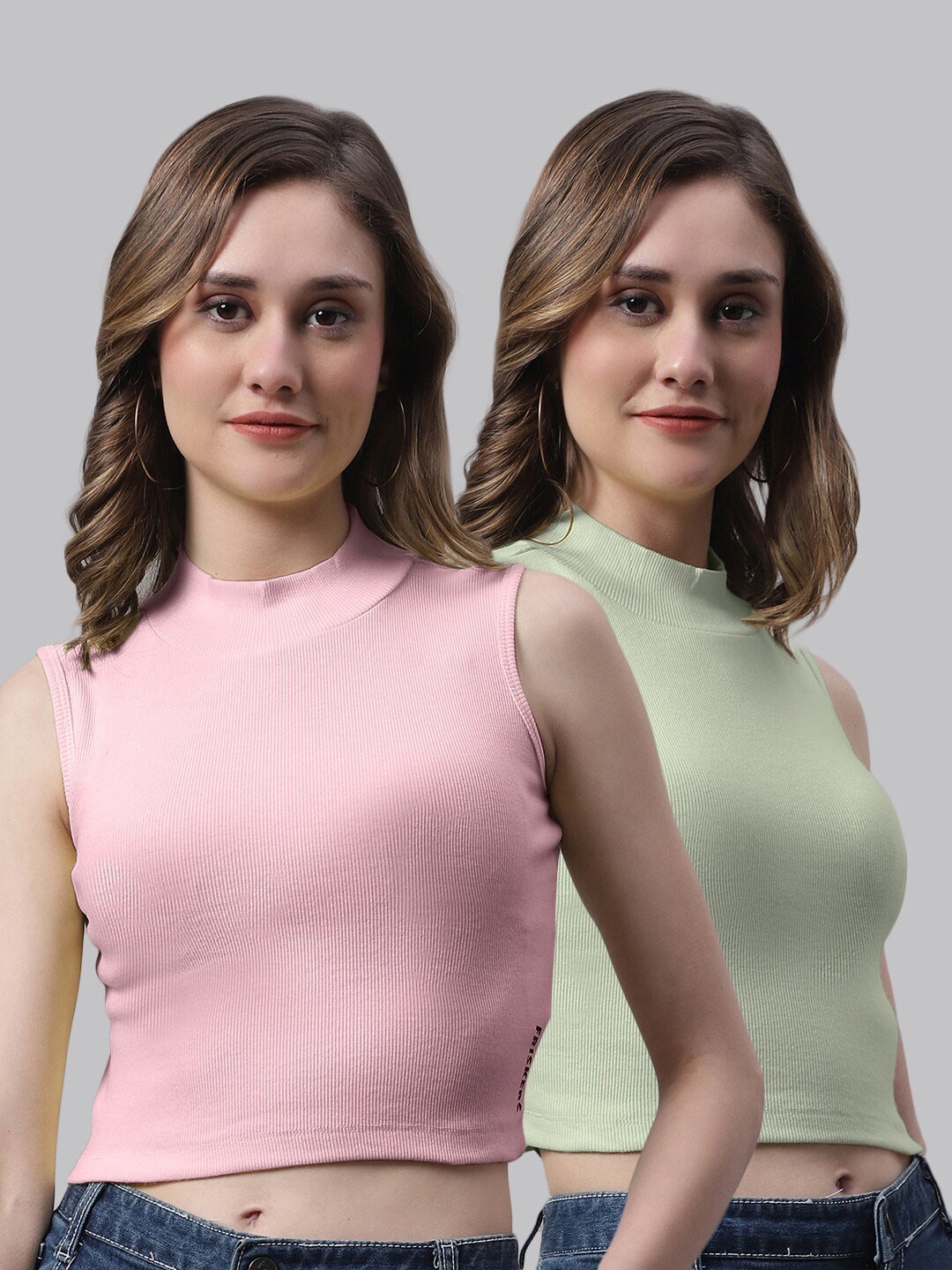 

FBAR Pack Of 2 High Neck Skin Friendly Bio-Wash Pure Cotton Fitted Crop Tops, Pink