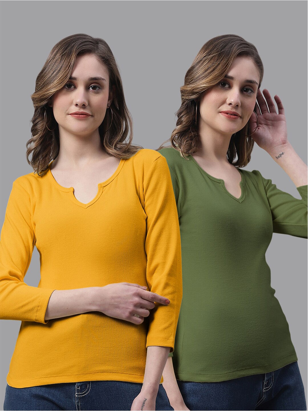 

FBAR Pack Of 2 Notched Neck Cotton Rib Tops, Gold