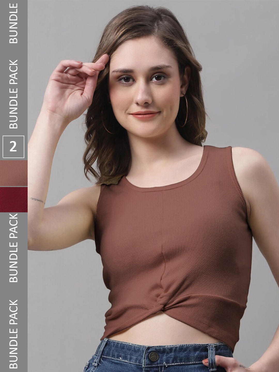 

FBAR Pack Of 2 Twisted Cotton Crop Top, Brown