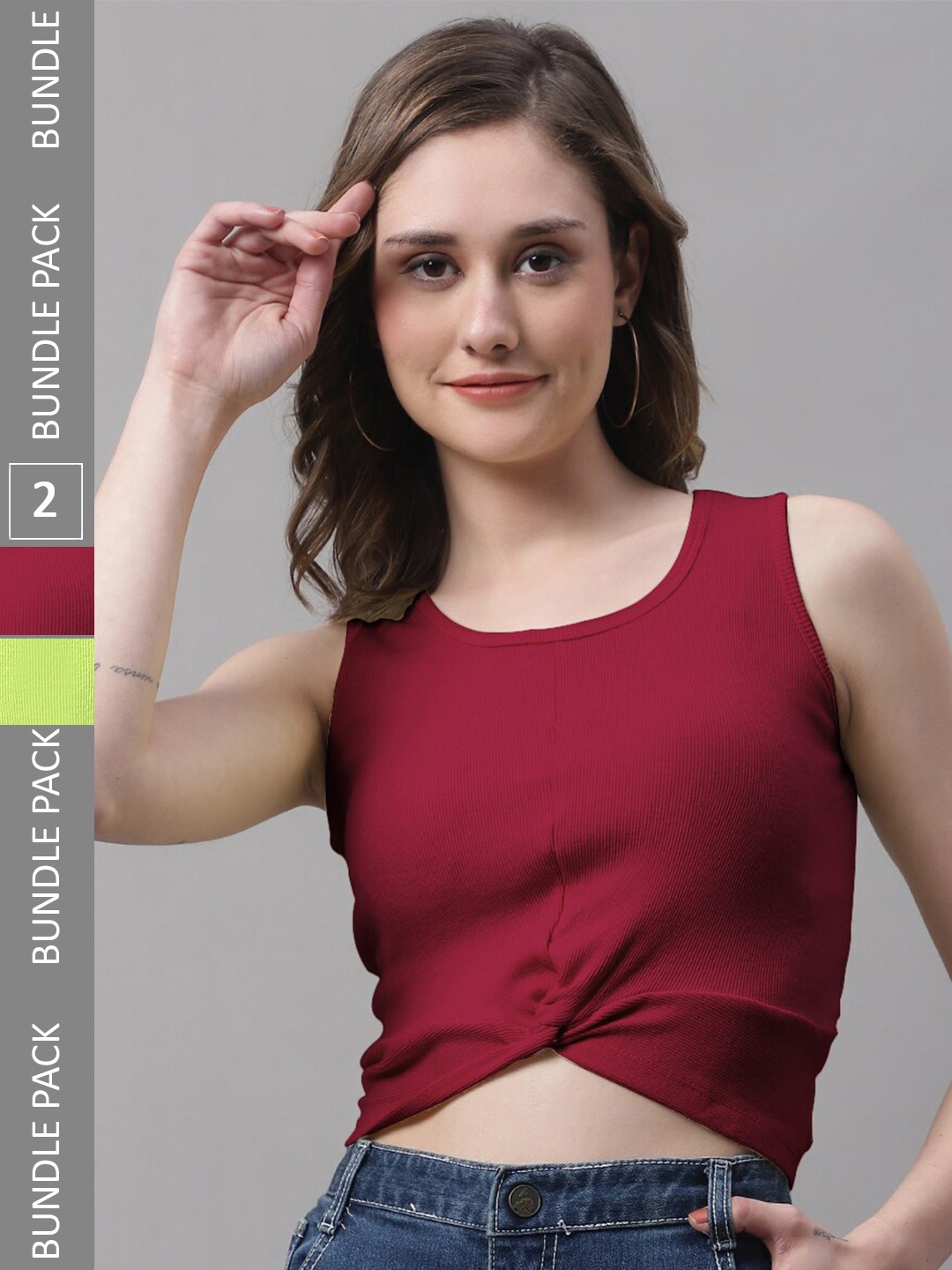 

FBAR Pack Of 2 Bio Washed Ribbed Cotton Crop Tops, Green