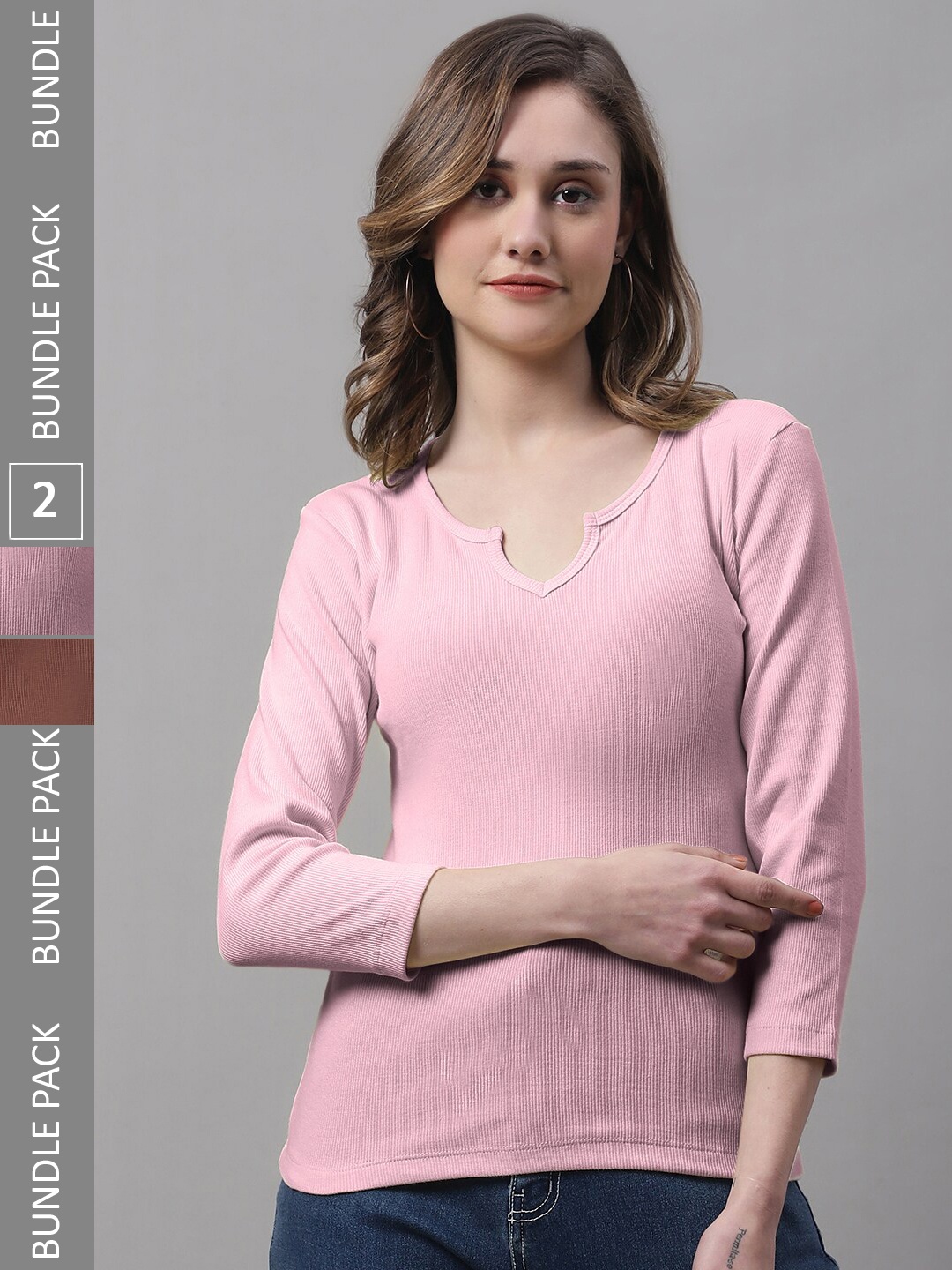 

FBAR Pack Of 2 Round Neck Ribbed Pure Cotton Top, Brown