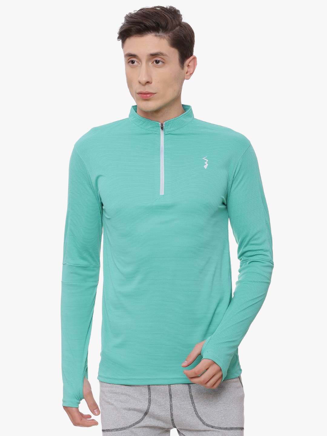 

Campus Sutra Men Sea Green Striped Mandarin Collar T-shirt