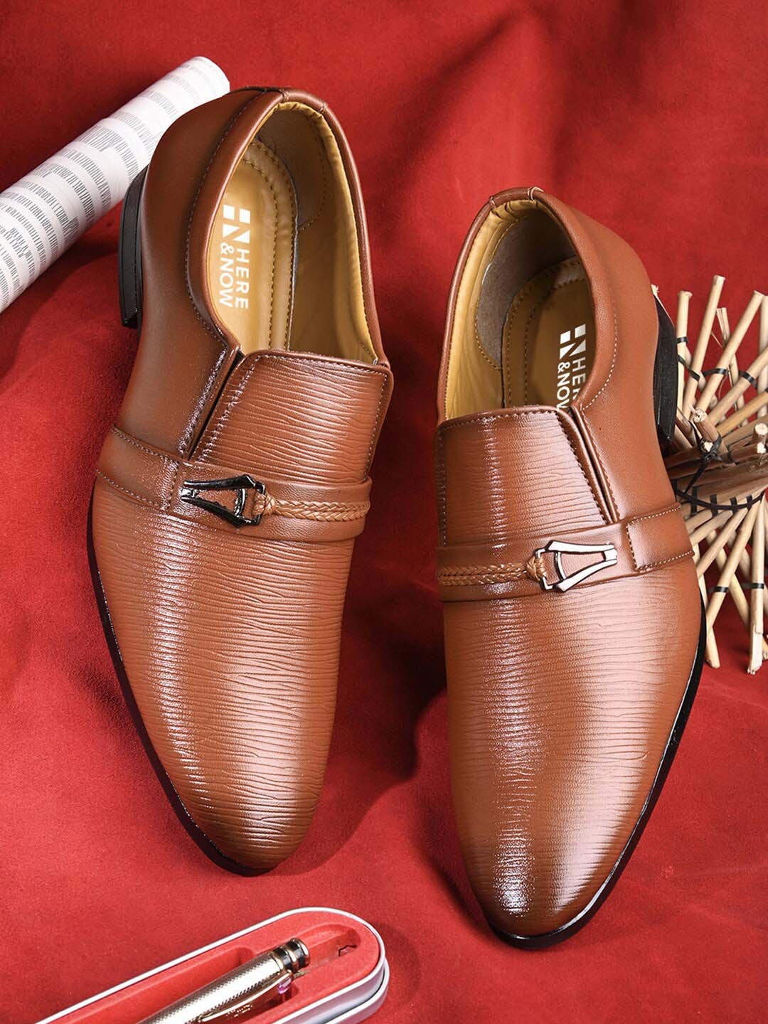 

HERE&NOW Men Tan Brown Textured Formal Slip-On Shoes