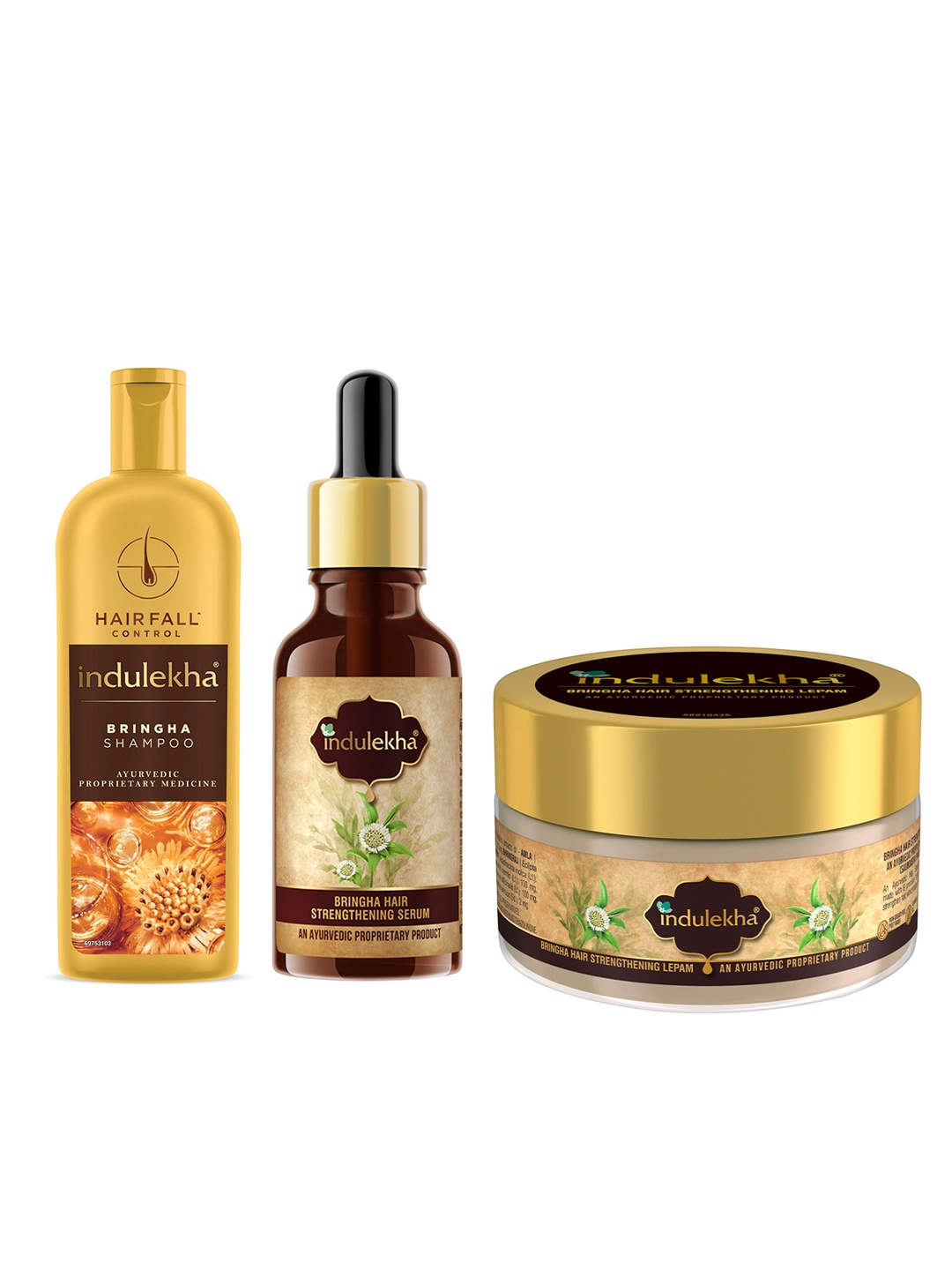 

indulekha Bringha Anti-Hairfall Shampoo 200ml + Hair Serum 30ml + Hair Lepam 200ml, Beige