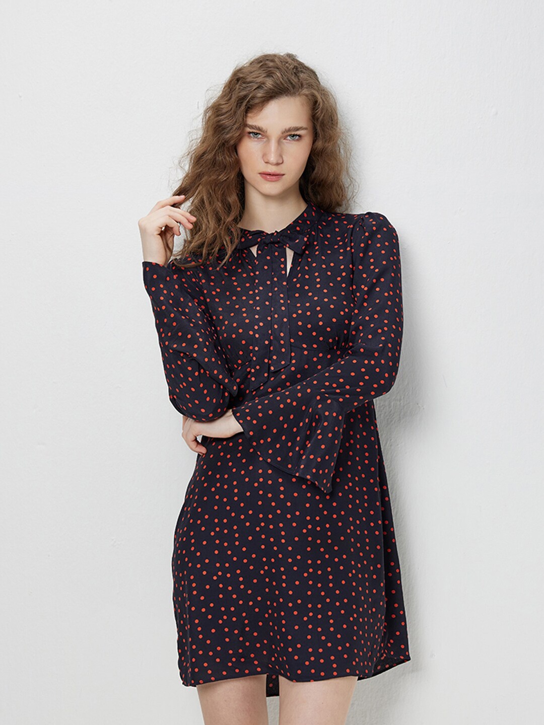 

COVER STORY Black Polka Dot Printed Tie-Up Neck Bell Sleeve A-Line Mini Dress