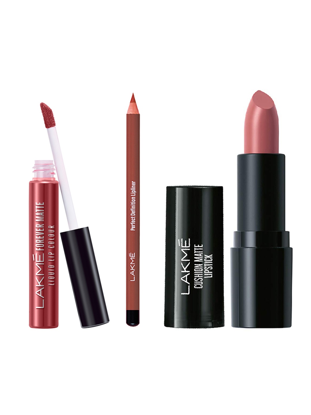 

Lakme Forever Matte Liquid lipstick + Perfect Definition Lipliner + Cushion Matte Lipstick, Pink