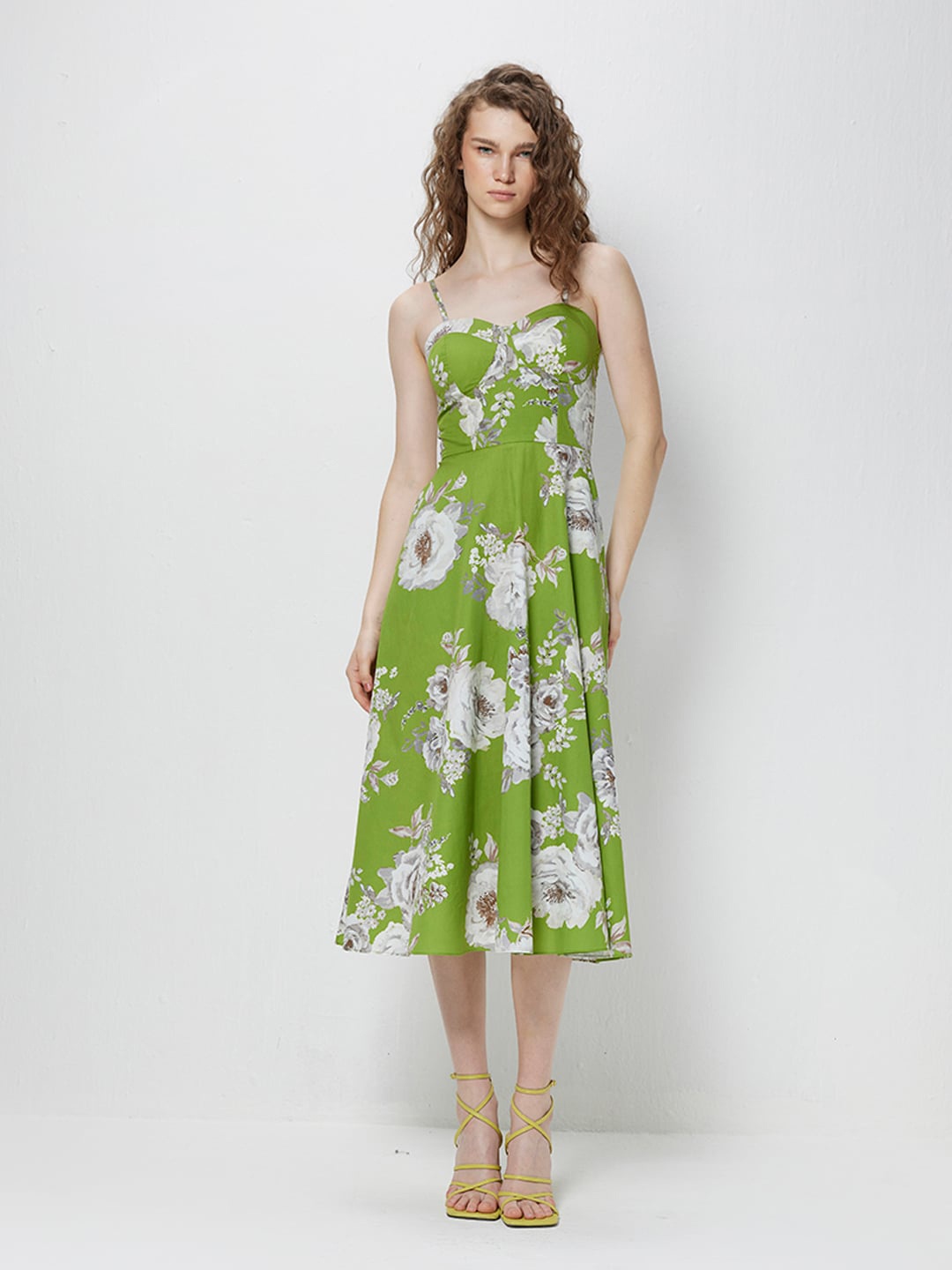 

COVER STORY Floral Printed Shoulder Strap Cotton Casual Empire Midi Dress, Green