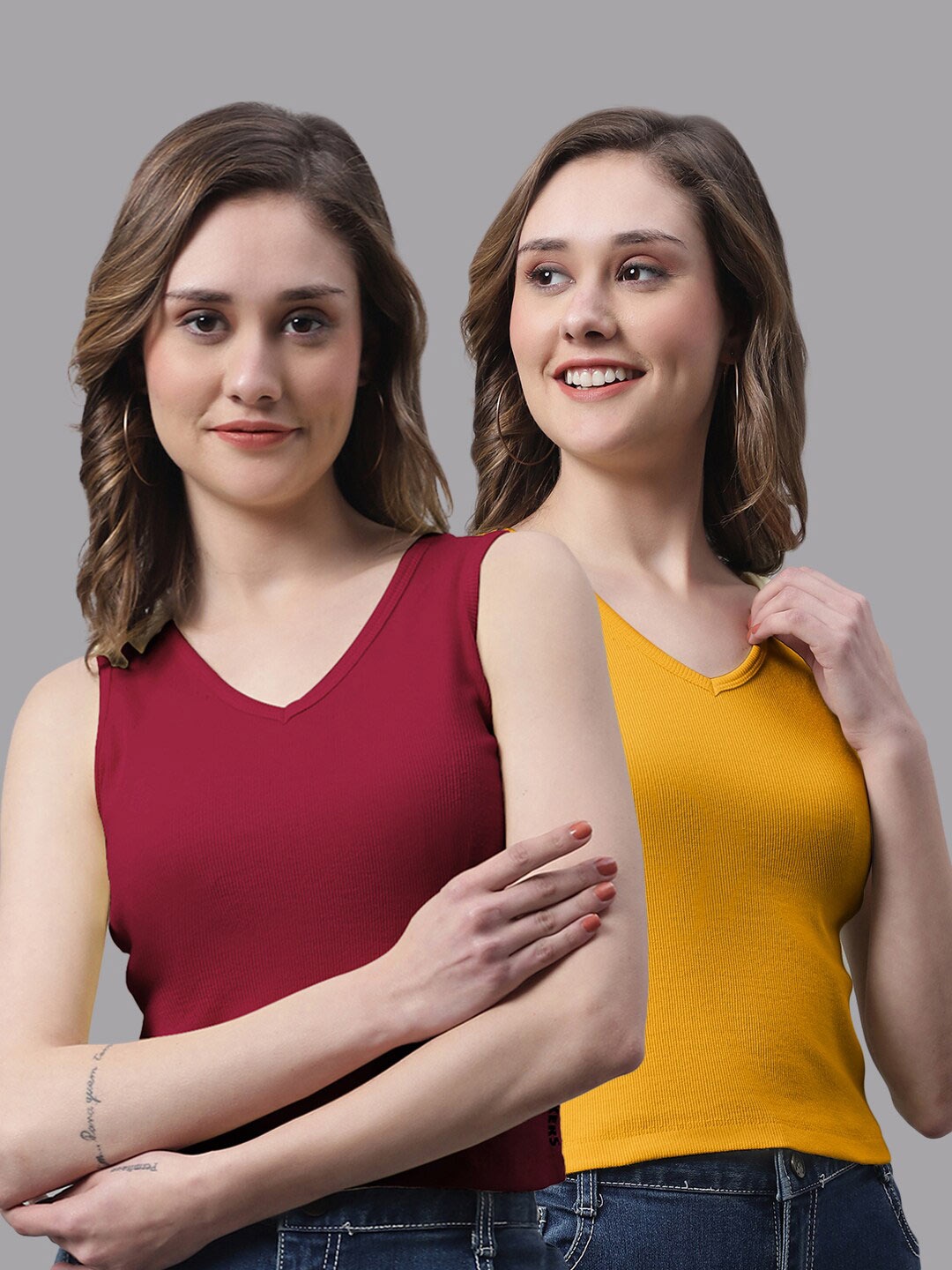 

FBAR Pack Of 2 V-Neck Cotton Fitted Top, Maroon