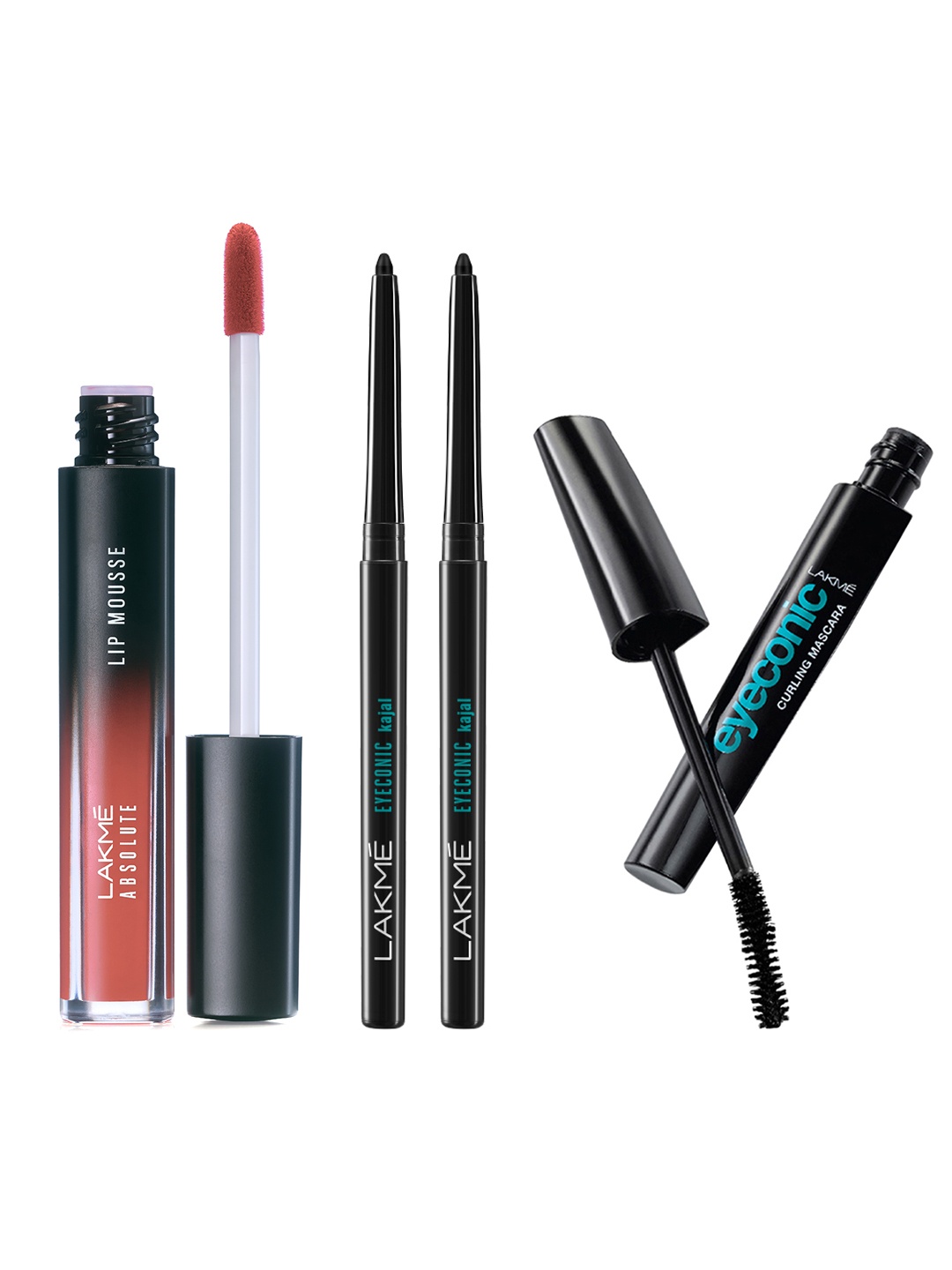 

Lakme Eyeconic Curling Mascara-Black + 2 Eyeconic Kajal-Deep Black + Sheer Lip Mousse-303, Nude