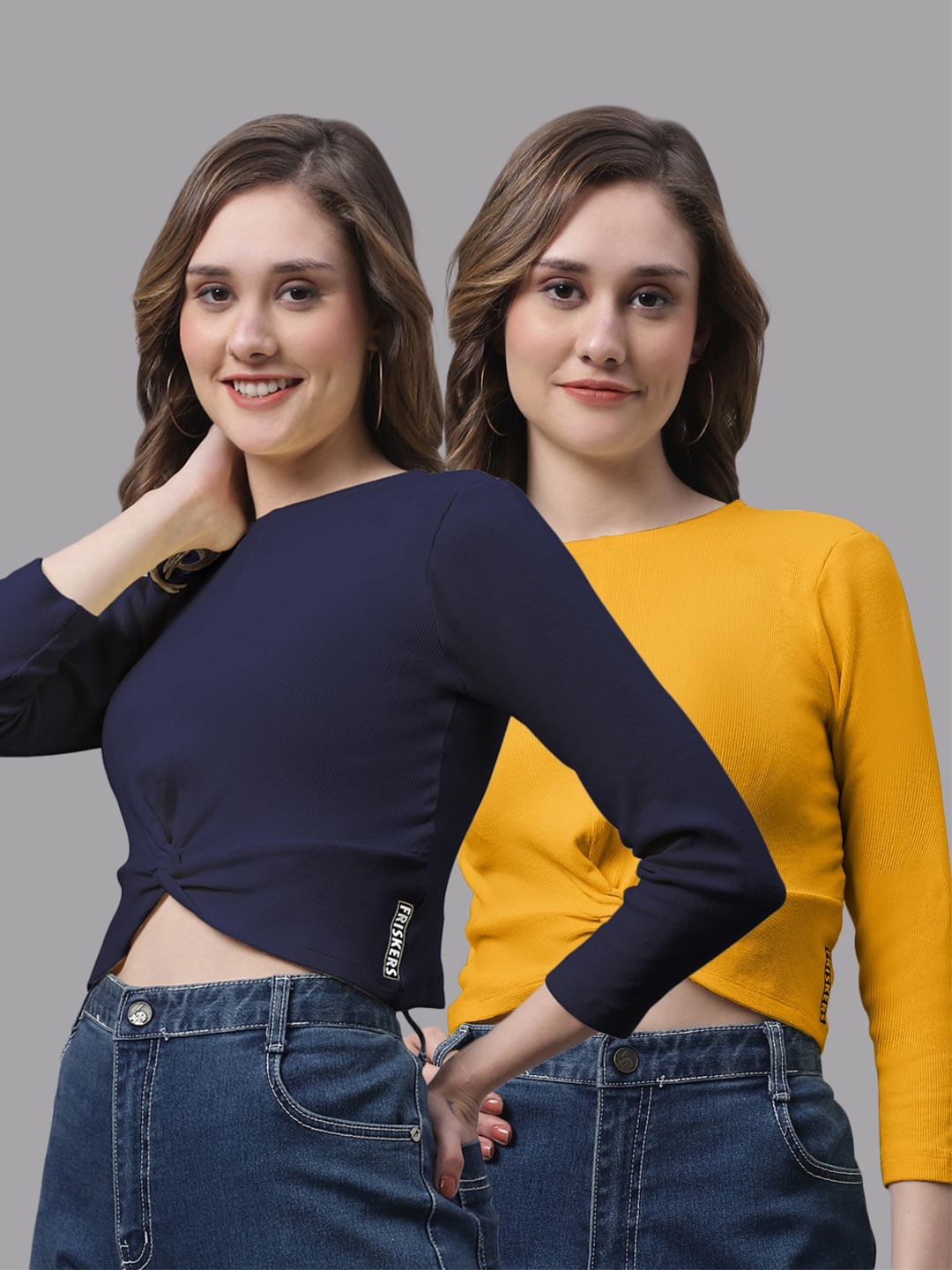 

FBAR Pack Of 2 Round Neck Twisted Fitted Cotton Crop Top, Navy blue