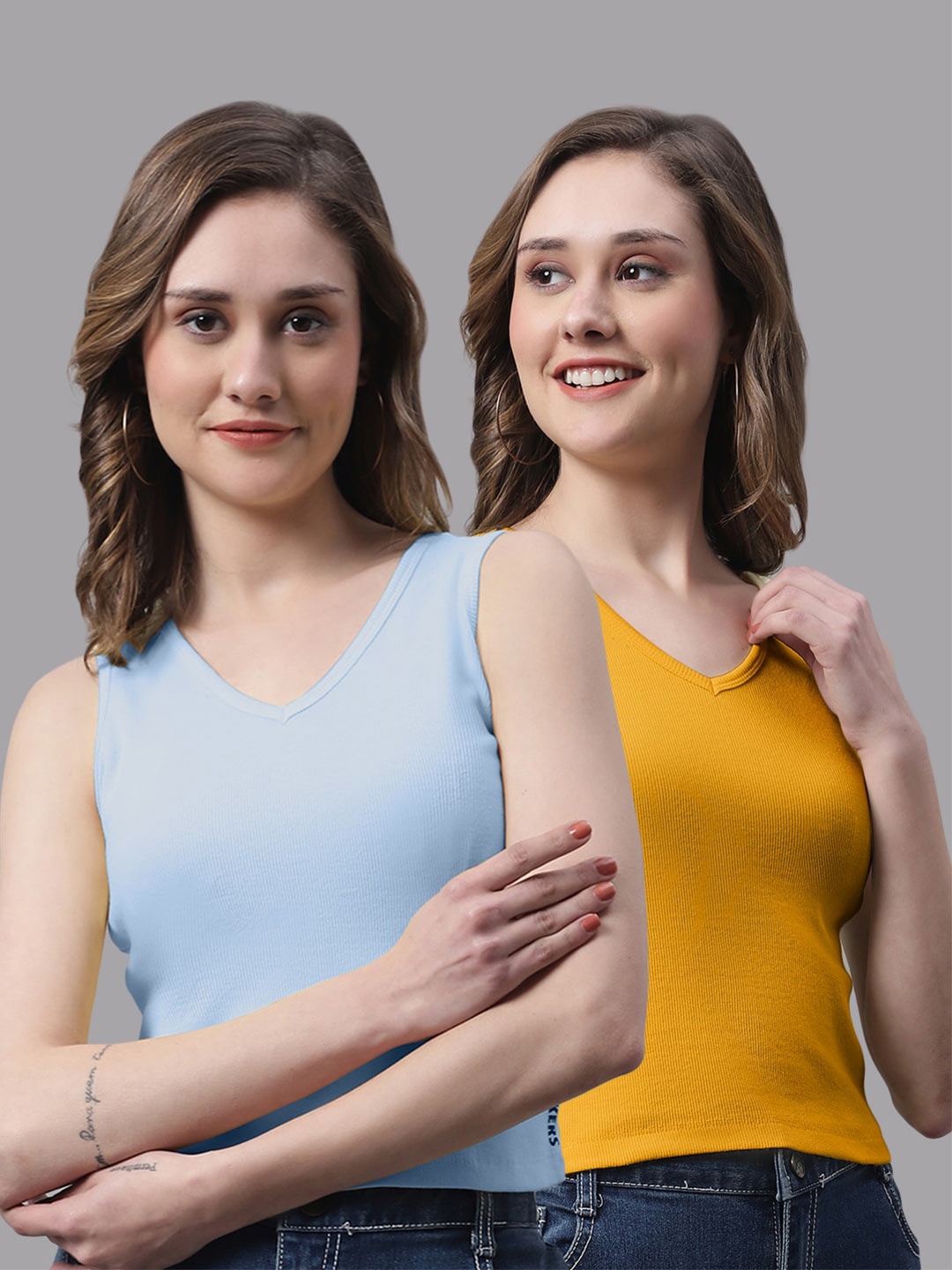 

FBAR Pack Of 2 V-Neck Bio Wash Skin Friendly Cotton Tank Top, Turquoise blue