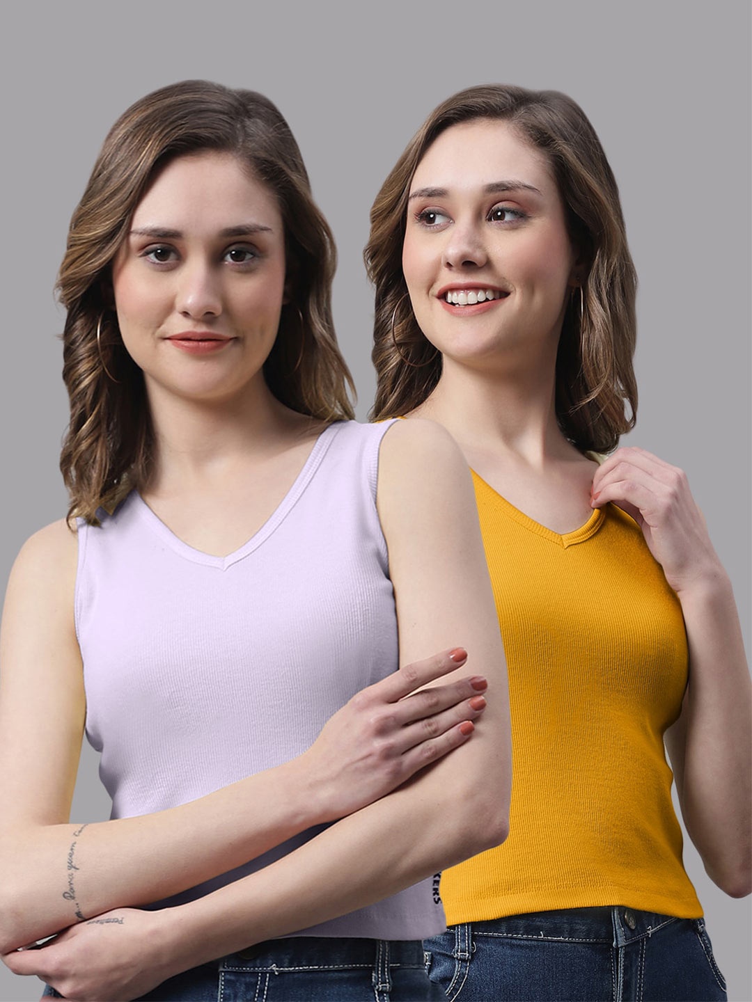 

FBAR Pack Of 2 Bio Wash Skin Friendly V-Neck Cotton Tank Top, Purple