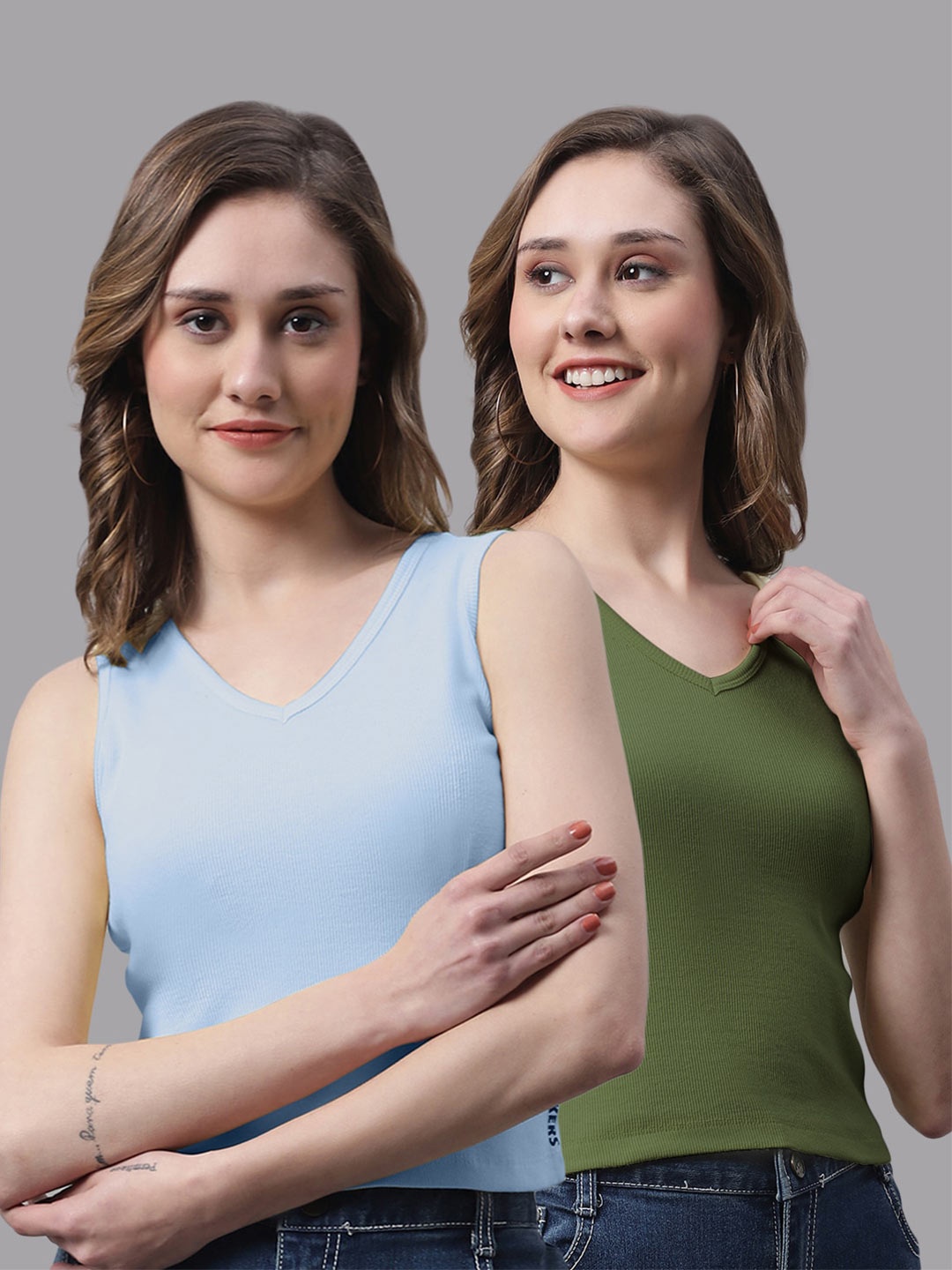 

FBAR Pack Of 2 V-Neck Bio Wash Skin Friendly Cotton Tank Top, Turquoise blue