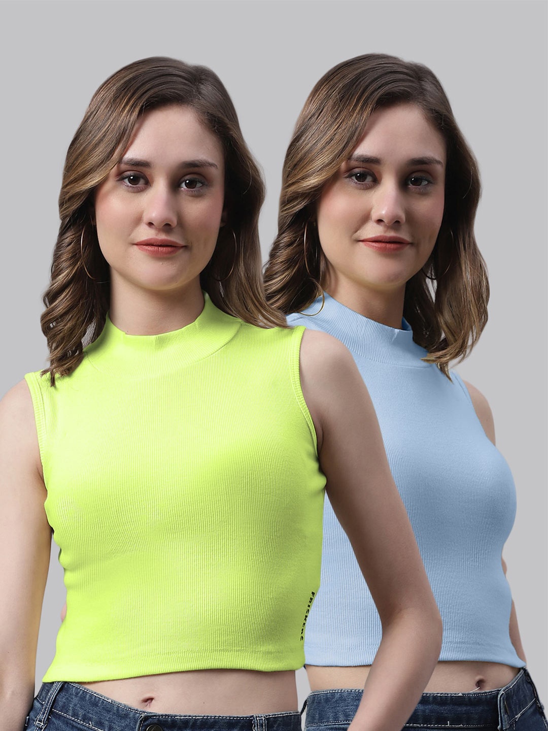 

FBAR Pack Of 2 High Neck Sleeveless Fitted Cotton Crop Top, Green
