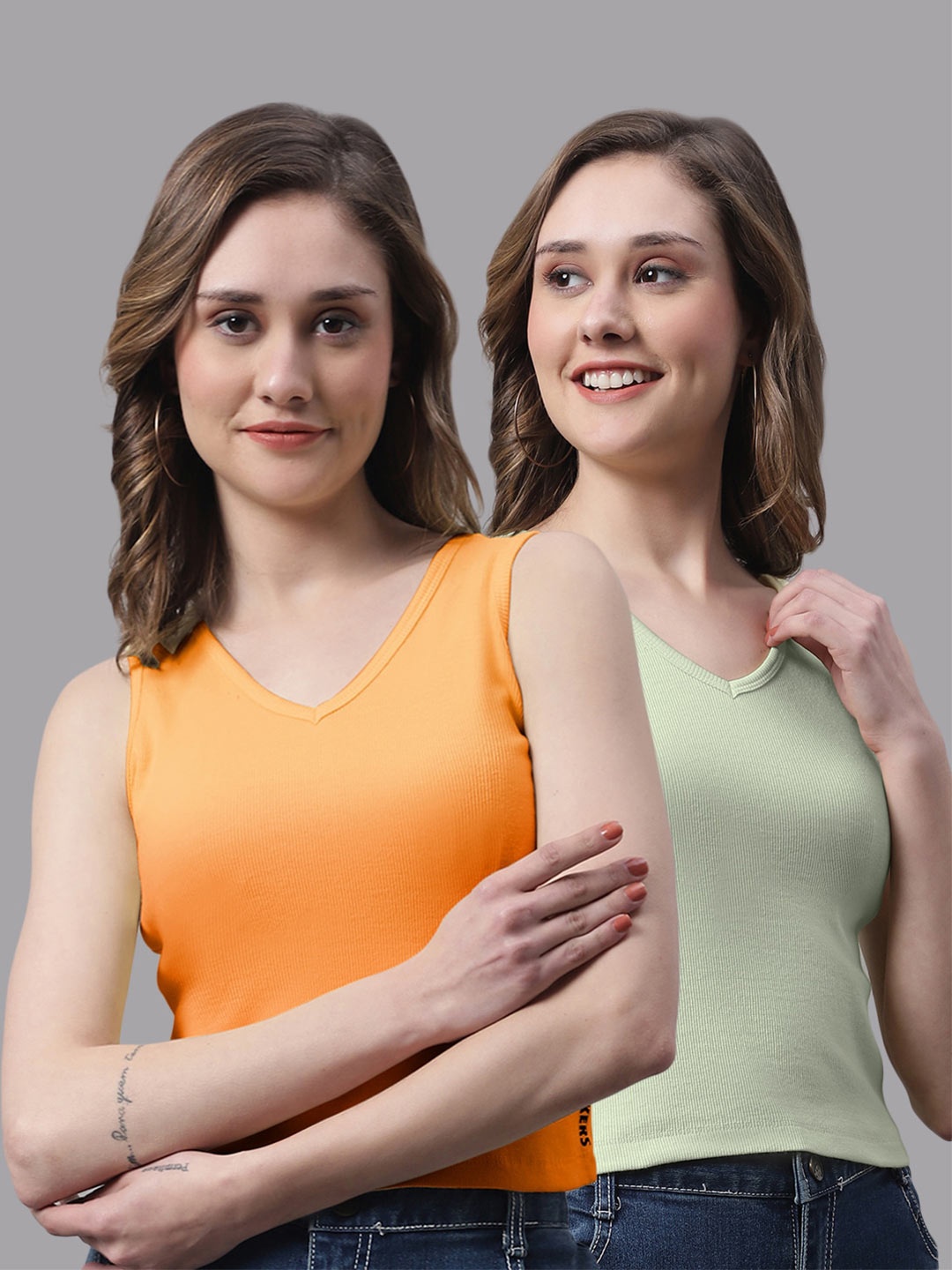 

FBAR Pack Of 2 V-Neck Cotton Rib Tops, Orange