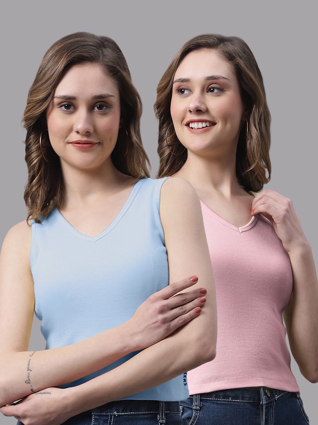 

FBAR Pack Of 2 V-Neck Cotton Crop Tops, Turquoise blue
