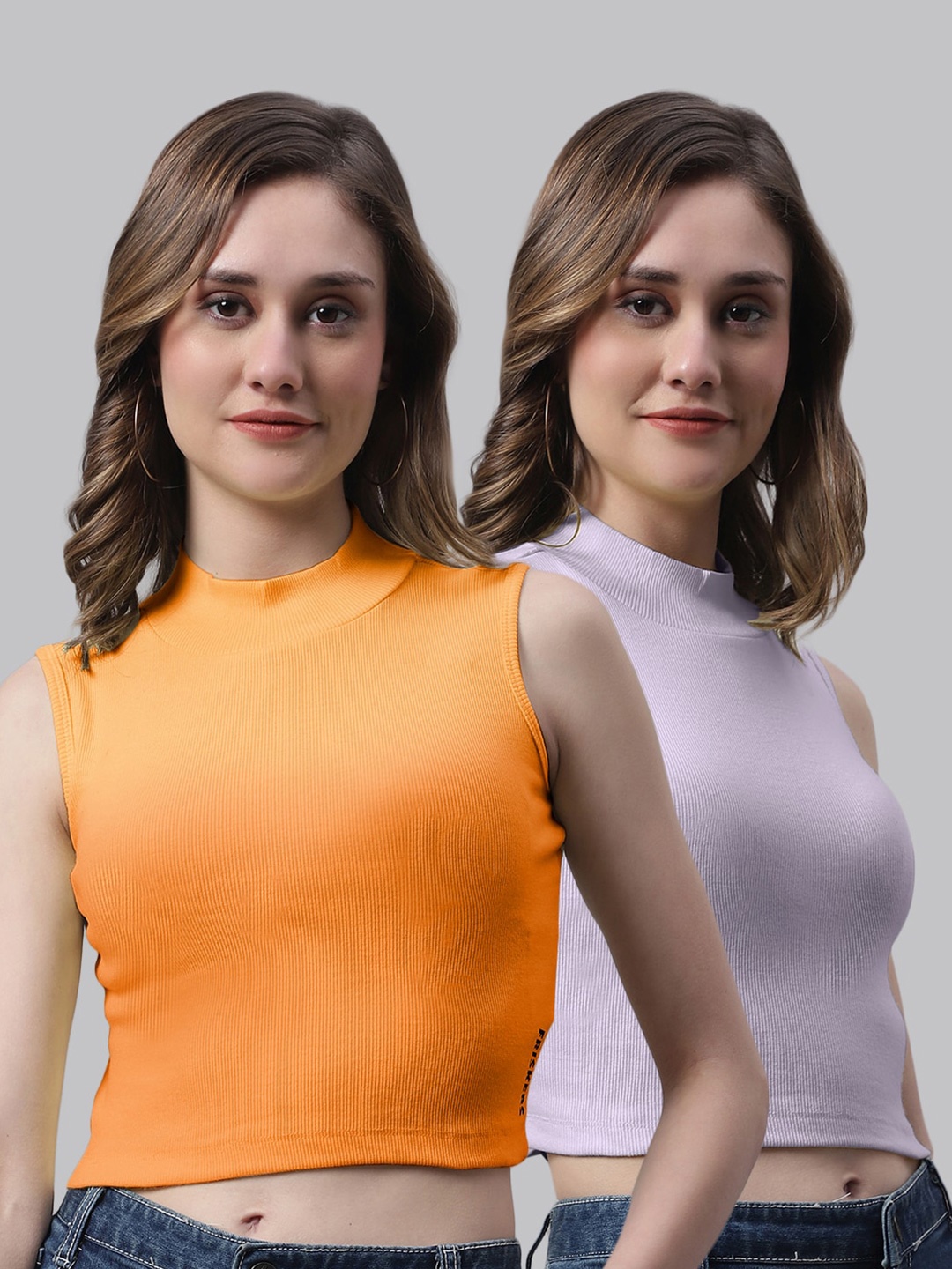 

FBAR Pack of 2 Ribbed Cotton Fitted Crop Tops, Orange
