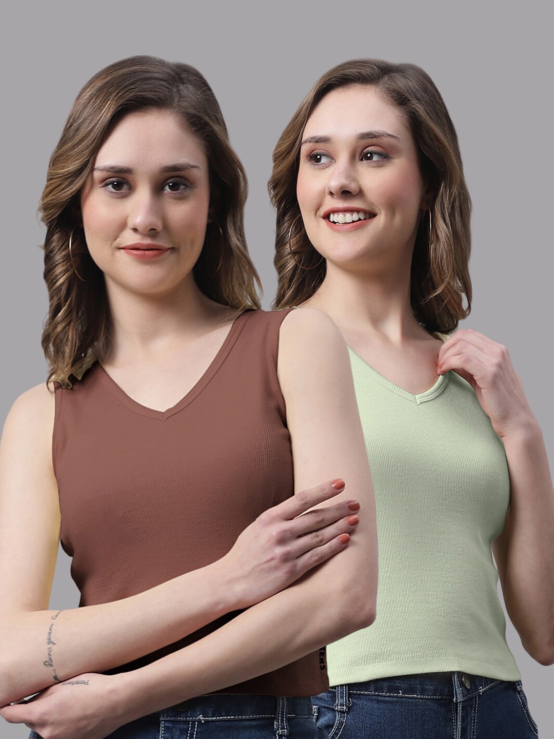 

FBAR Pack Of 2 Bio Washed Ribbed Cotton Crop Tops, Brown