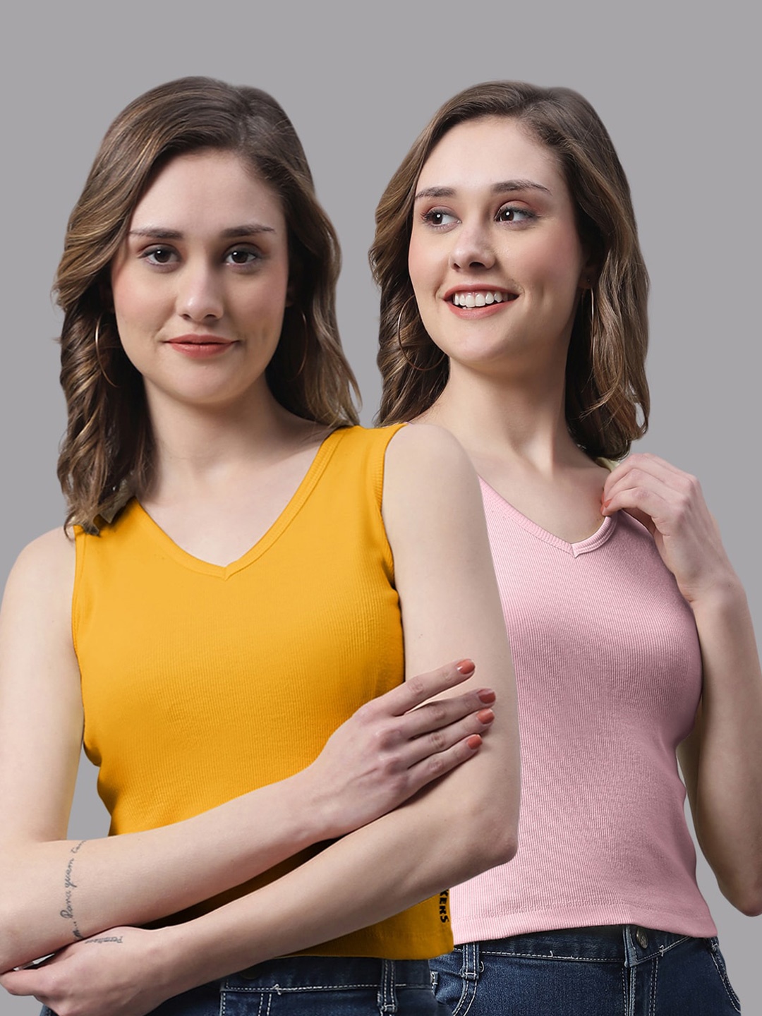 

FBAR Pack Of 2 V-Neck Cotton Top, Mustard